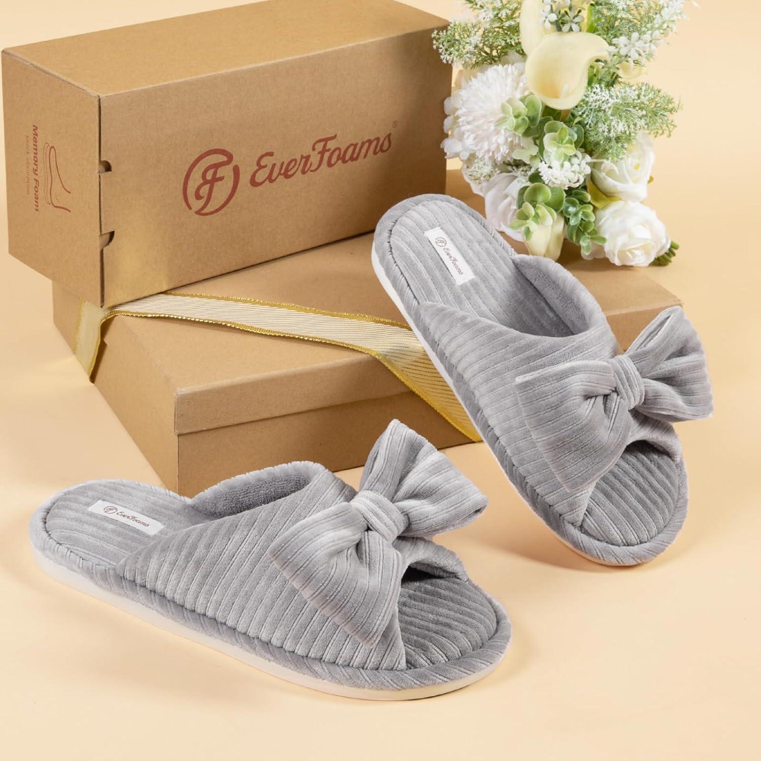 EverFoams Women’s Open-Toe Bow Slippers with Memory Foam Indoor House Non-Slip Sole(Ultimate Gray)