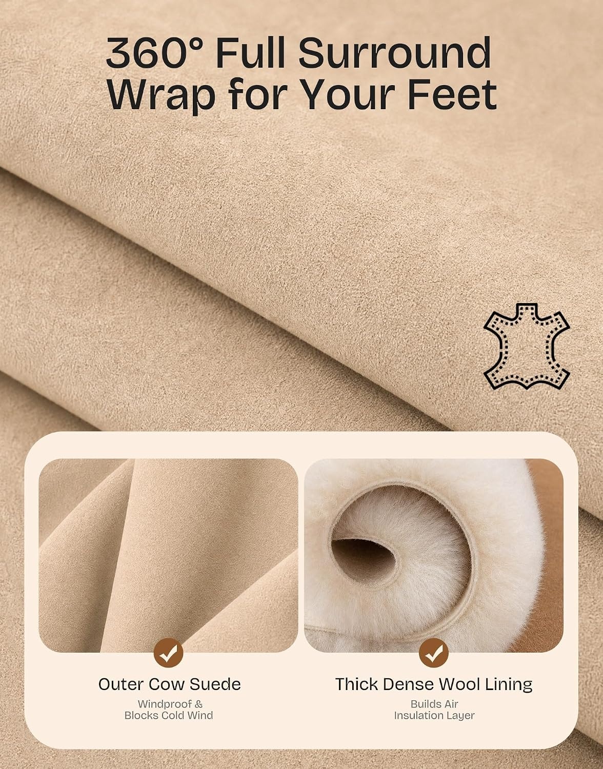 EverFoams Women’s Sheepskin Slippers Suede House Shoes with Plush Collar(Beige)