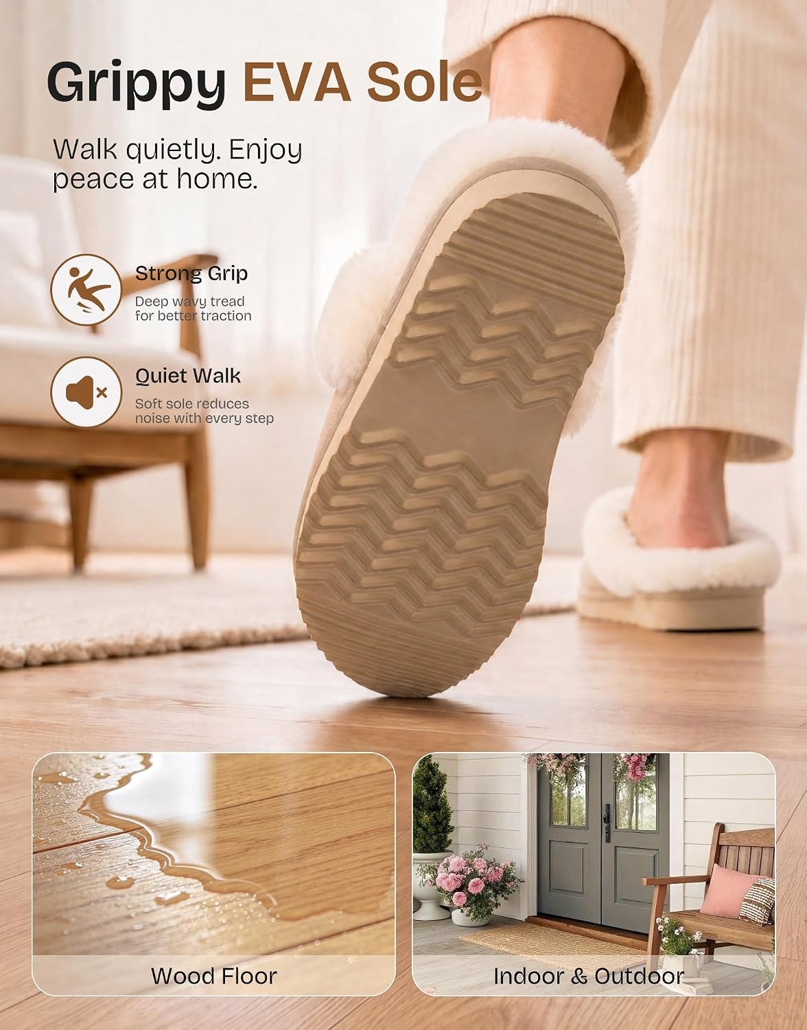 EverFoams Women’s Sheepskin Slippers Suede House Shoes with Plush Collar(Beige)
