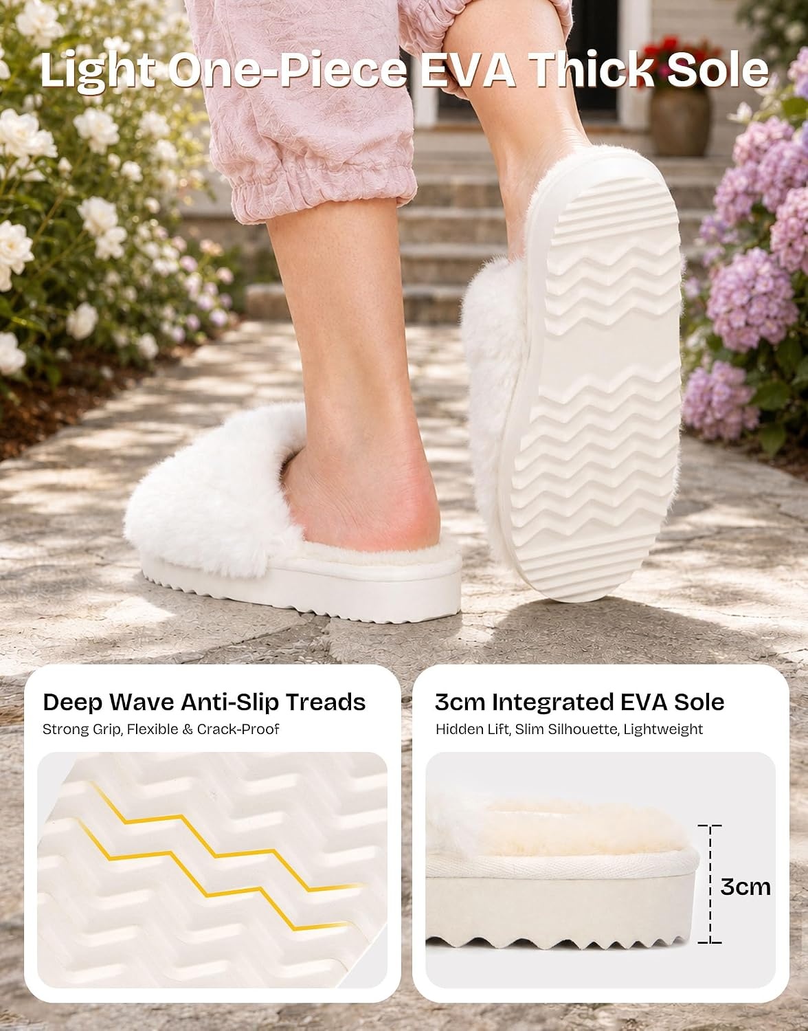 EverFoams Women’s Memory Foam Slippers Faux Fur Scuff Indoor Outdoor(Off-white Cloud)