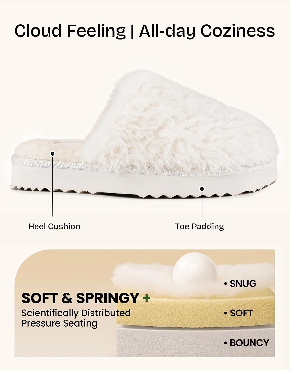 EverFoams Women’s Memory Foam Slippers Faux Fur Scuff Indoor Outdoor(Off-white Cloud)