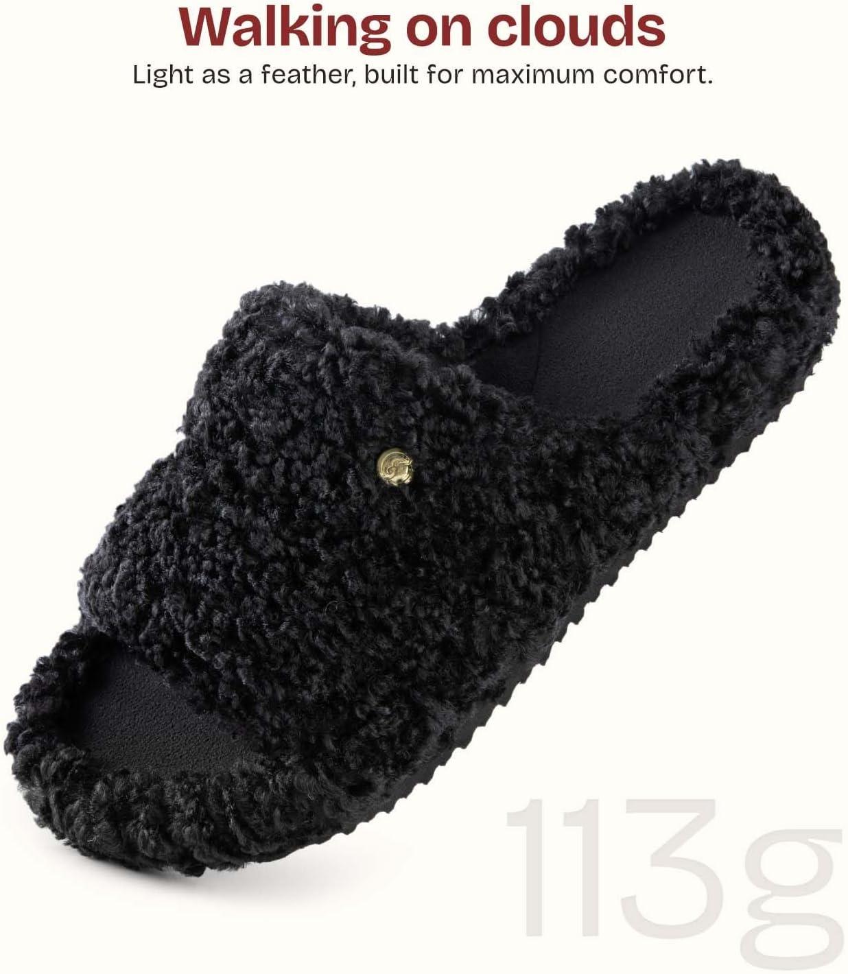 EverFoams Women’s Fuzzy Open Toe Slippers Comfy Soft Memory Foam Indoor House Shoes(Dark Black)