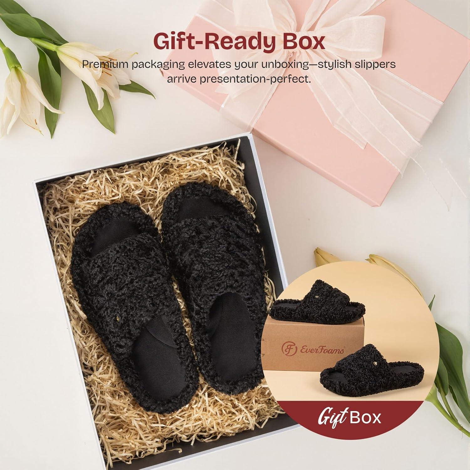 EverFoams Women’s Fuzzy Open Toe Slippers Comfy Soft Memory Foam Indoor House Shoes(Dark Black)