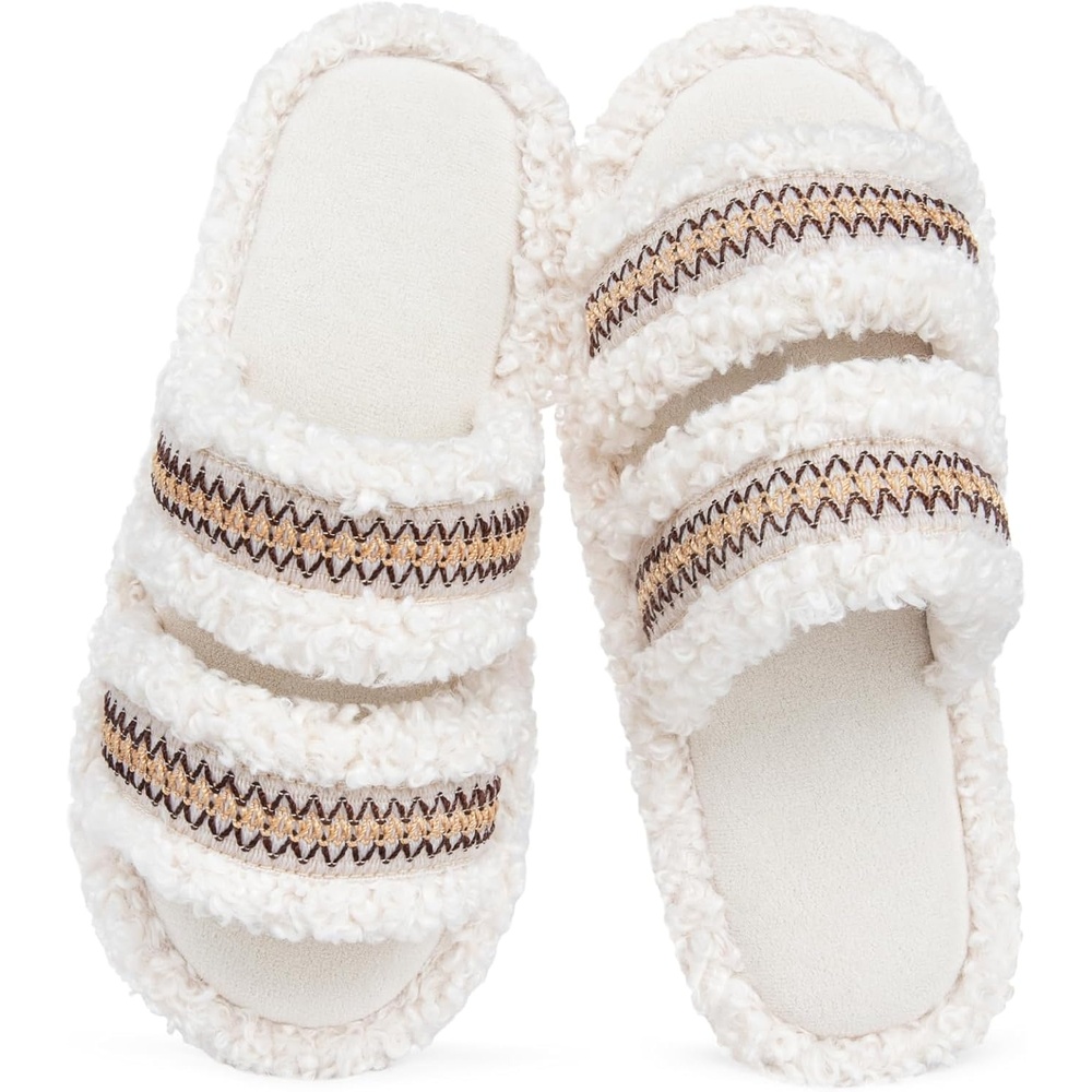 EverFoams Women’s Fuzzy Open Toe Slippers Comfy Soft Memory Foam Indoor House Shoes(Woven Ivory)