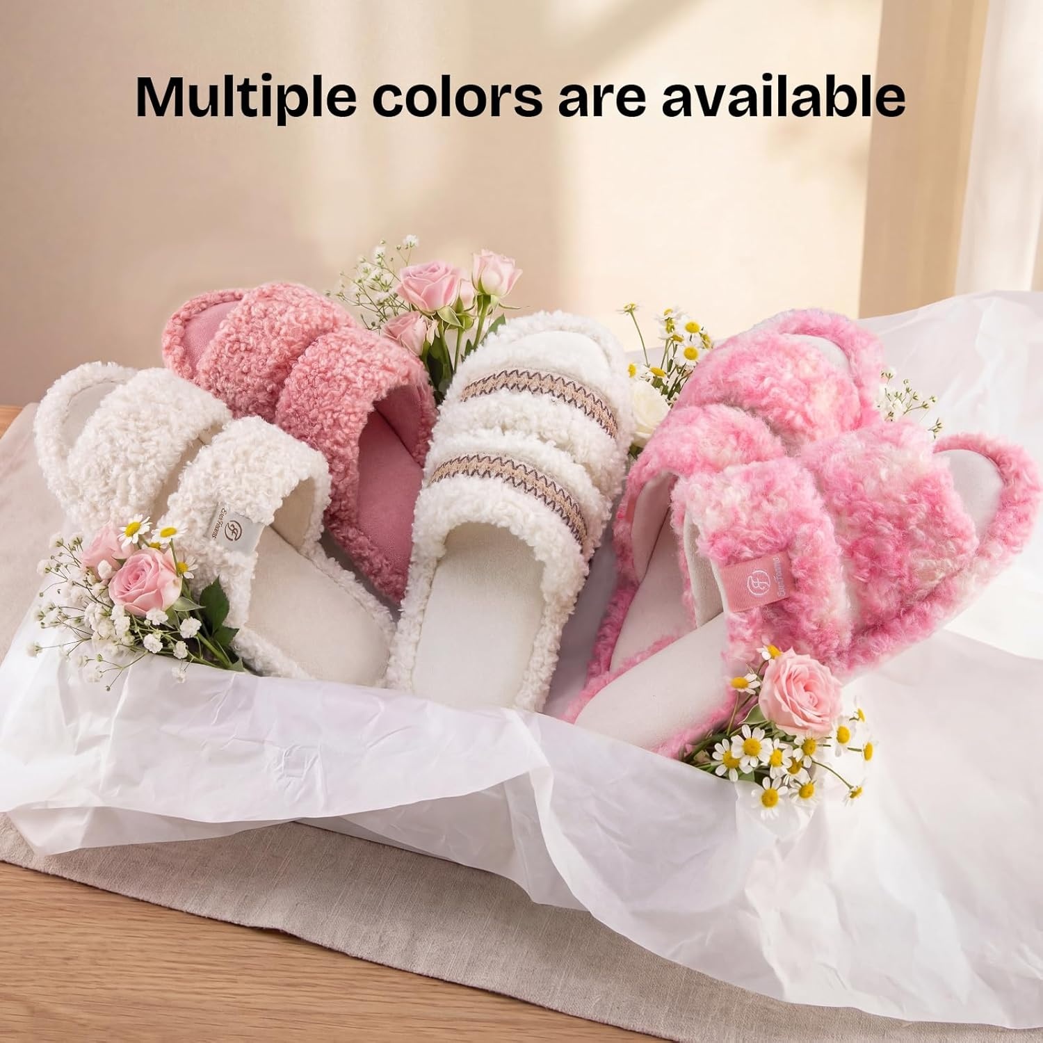 EverFoams Women’s Fuzzy Open Toe Slippers Comfy Soft Memory Foam Indoor House Shoes(Woven Ivory)