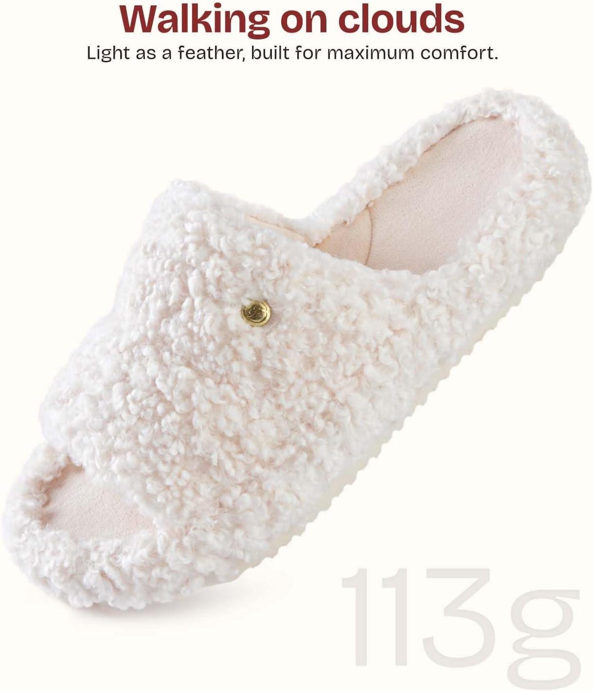EverFoams Women’s Fuzzy Open Toe Slippers Comfy Soft Memory Foam Indoor House Shoes(Cream White)