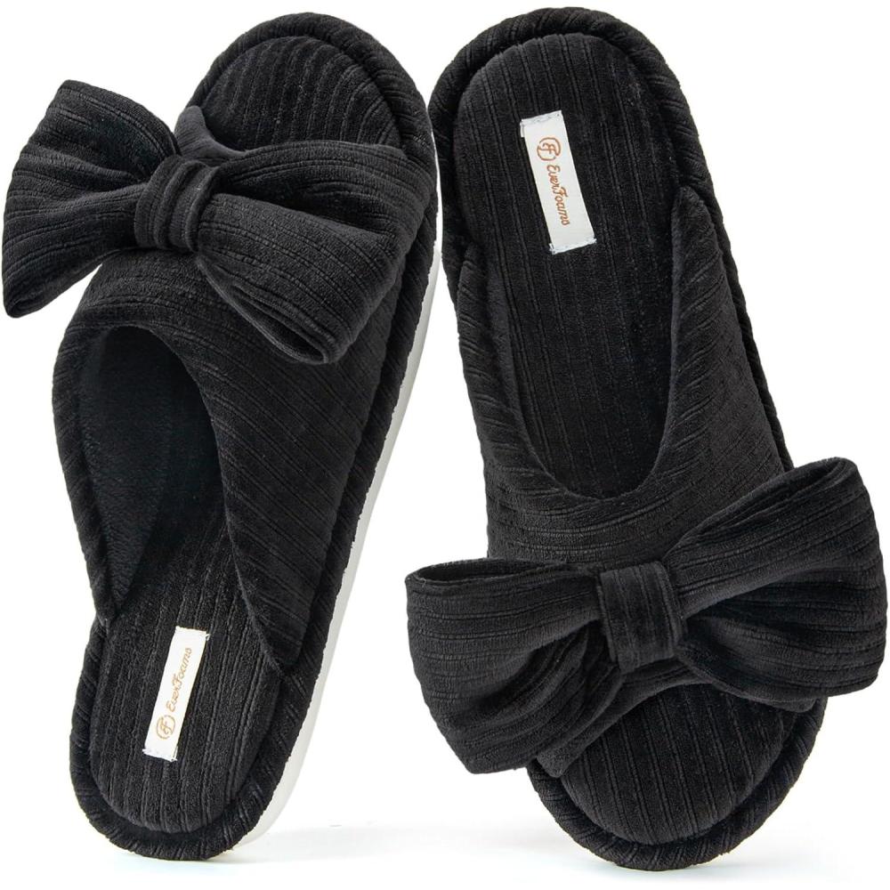 EverFoams Women’s Open-Toe Bow Slippers with Memory Foam Indoor House Non-Slip Sole(Velvet Black)