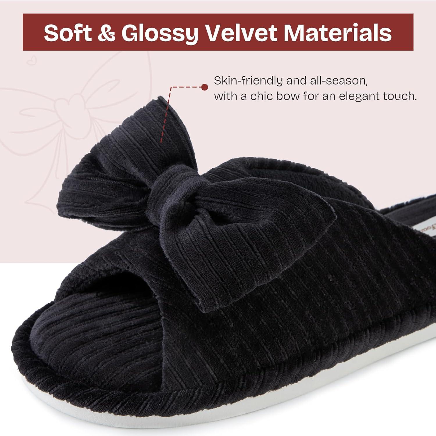 EverFoams Women’s Open-Toe Bow Slippers with Memory Foam Indoor House Non-Slip Sole(Velvet Black)