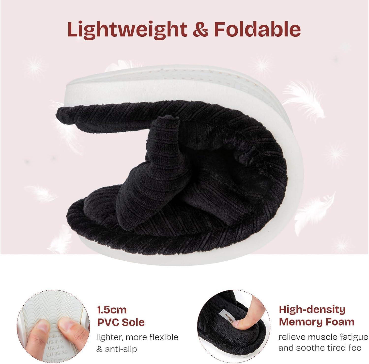 EverFoams Women’s Open-Toe Bow Slippers with Memory Foam Indoor House Non-Slip Sole(Velvet Black)
