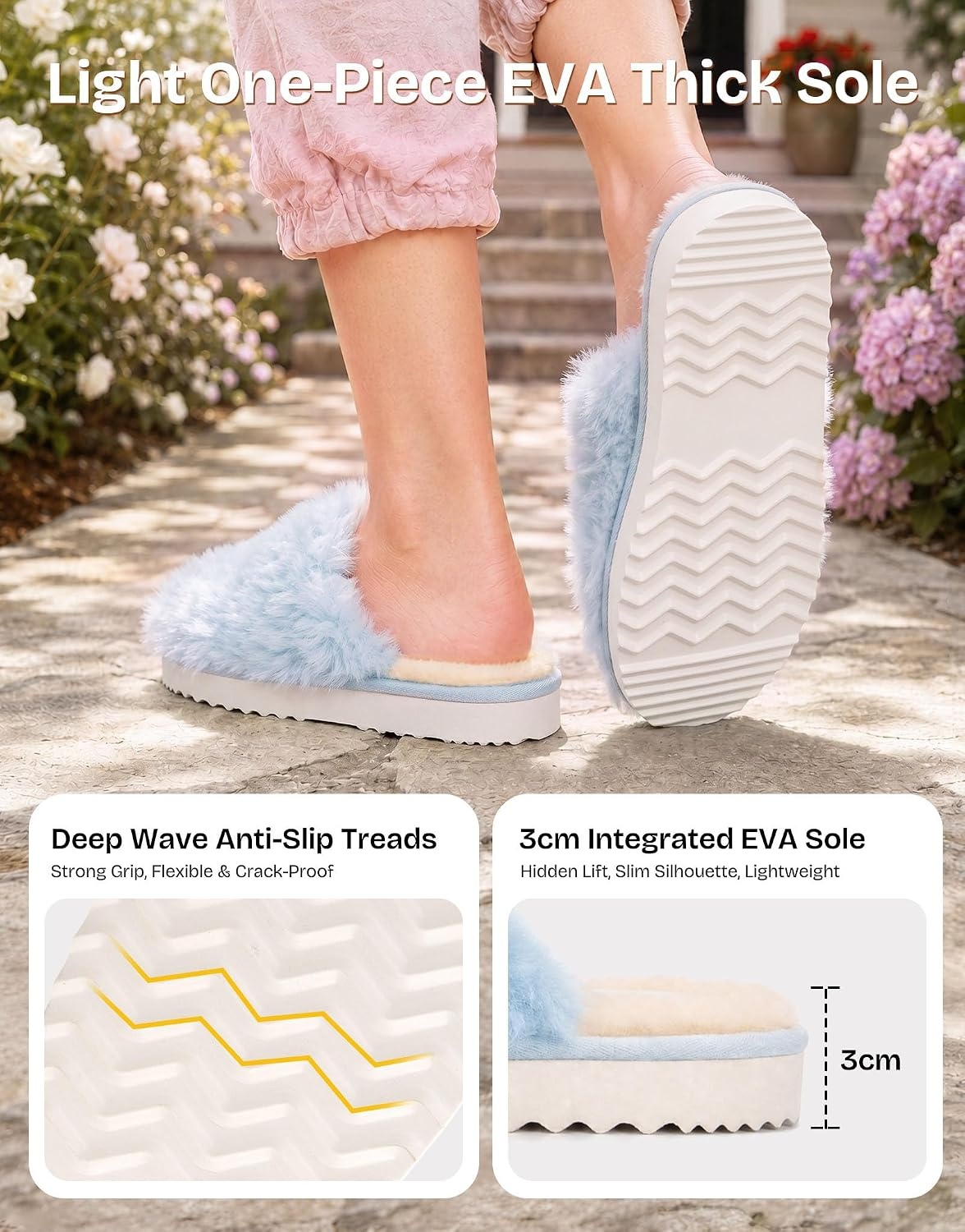 EverFoams Women’s Memory Foam Slippers Faux Fur Scuff Indoor Outdoor(Sky Blue)