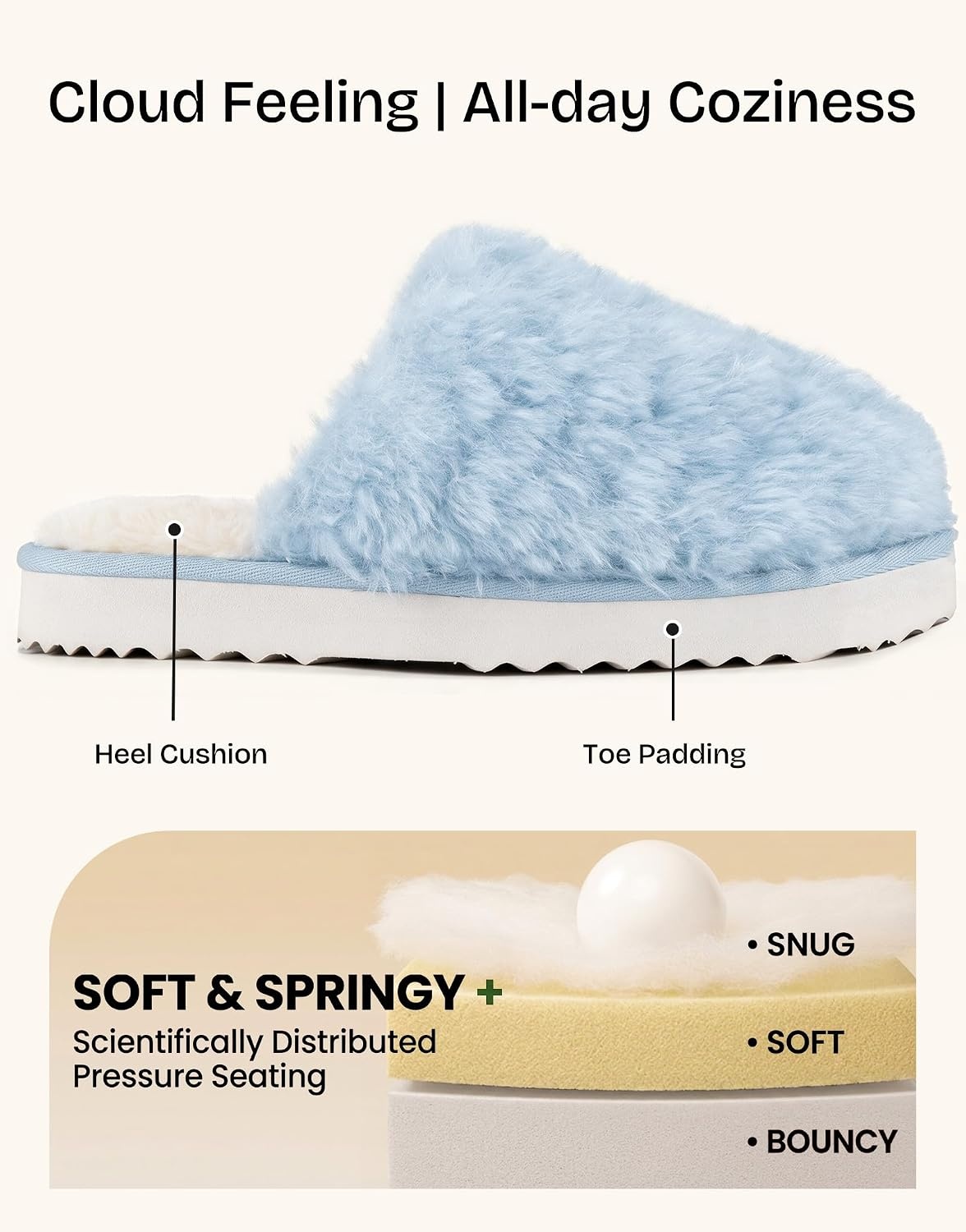 EverFoams Women’s Memory Foam Slippers Faux Fur Scuff Indoor Outdoor(Sky Blue)