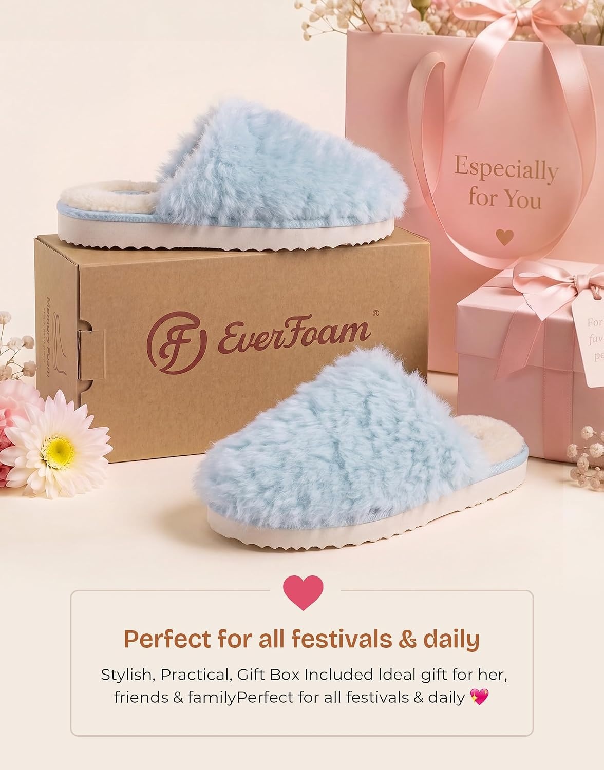 EverFoams Women’s Memory Foam Slippers Faux Fur Scuff Indoor Outdoor(Sky Blue)