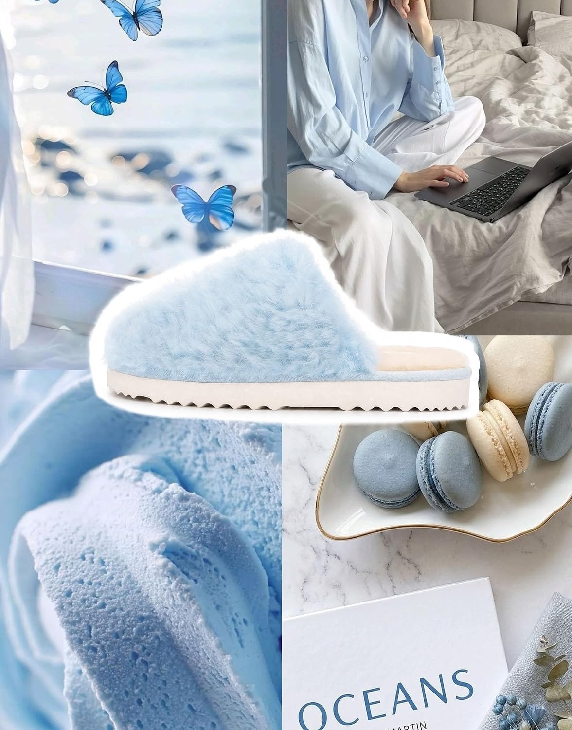 EverFoams Women’s Memory Foam Slippers Faux Fur Scuff Indoor Outdoor(Sky Blue)