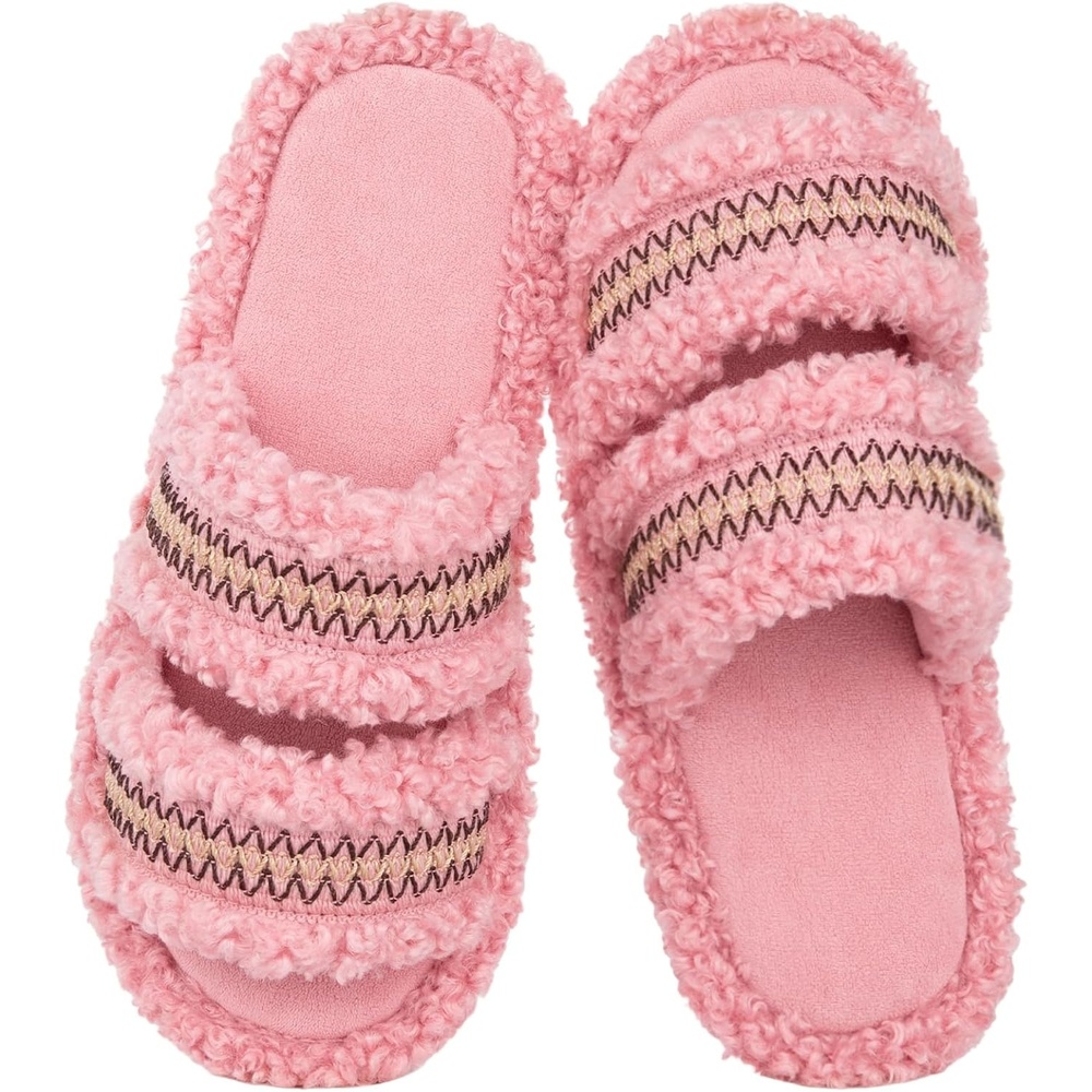 EverFoams Women’s Fuzzy Open Toe Slippers Memory Foam Indoor House Shoes(Blush Weave)