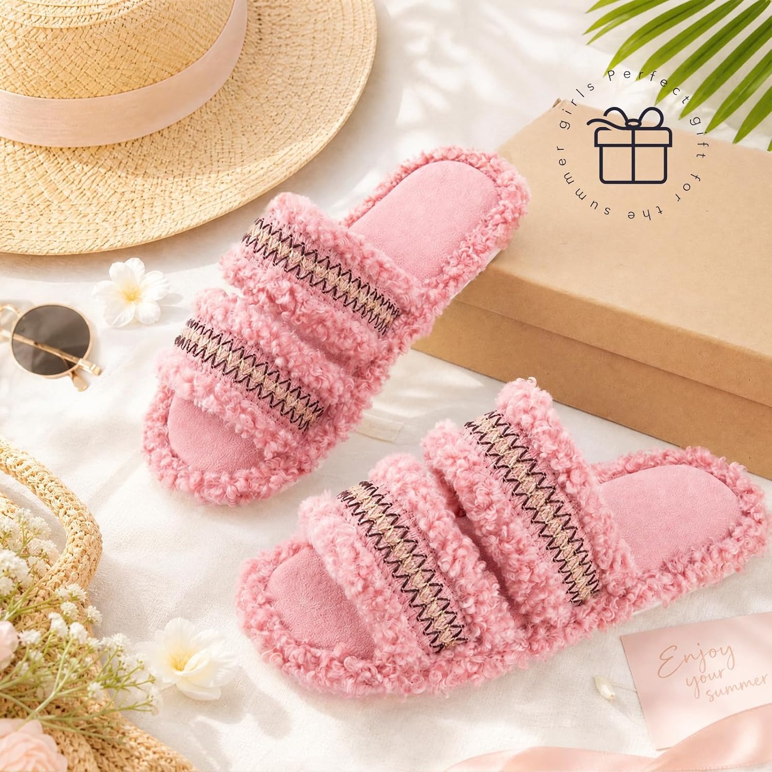 EverFoams Women’s Fuzzy Open Toe Slippers Memory Foam Indoor House Shoes(Blush Weave)
