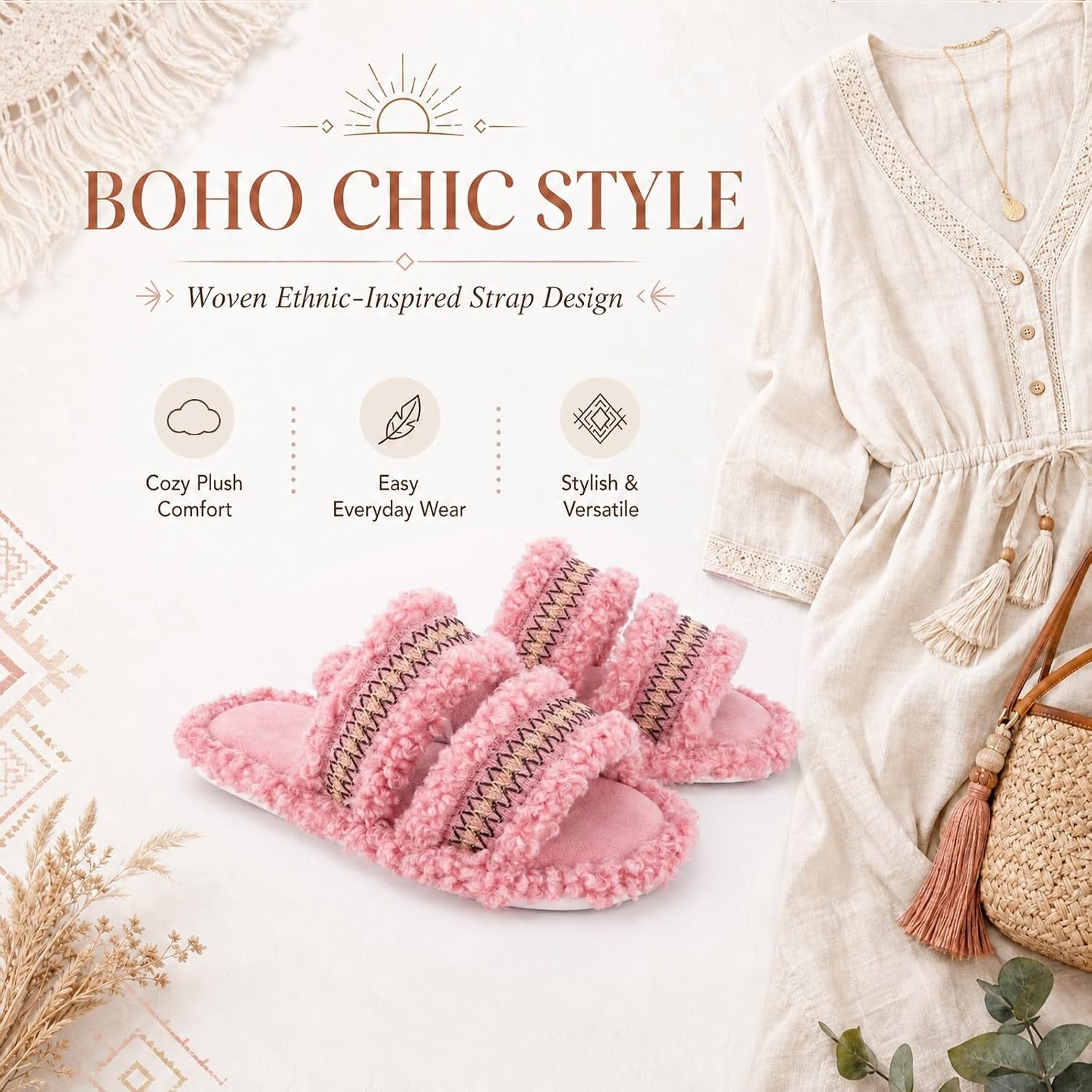 EverFoams Women’s Fuzzy Open Toe Slippers Memory Foam Indoor House Shoes(Blush Weave)