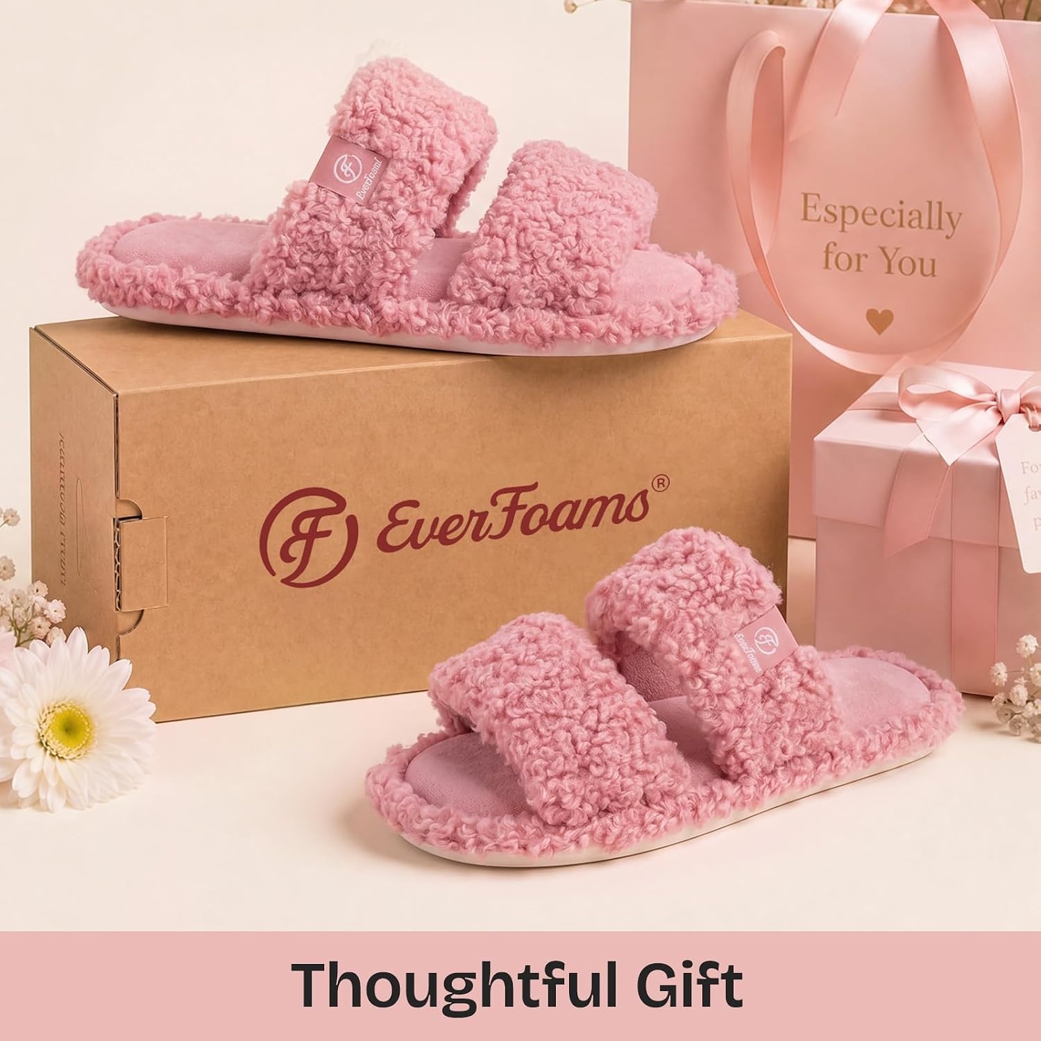EverFoams Women’s Fuzzy Open Toe Slippers Memory Foam Indoor House Shoes(Dusty Pink)