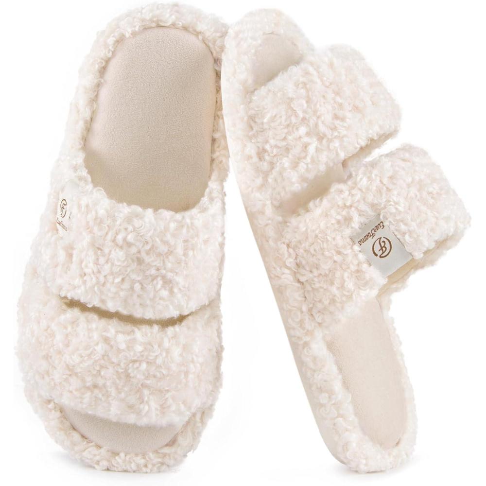 EverFoams Women’s Fuzzy Open Toe Slippers Comfy Soft Memory Foam Indoor House Shoes(Vanilla Ice)