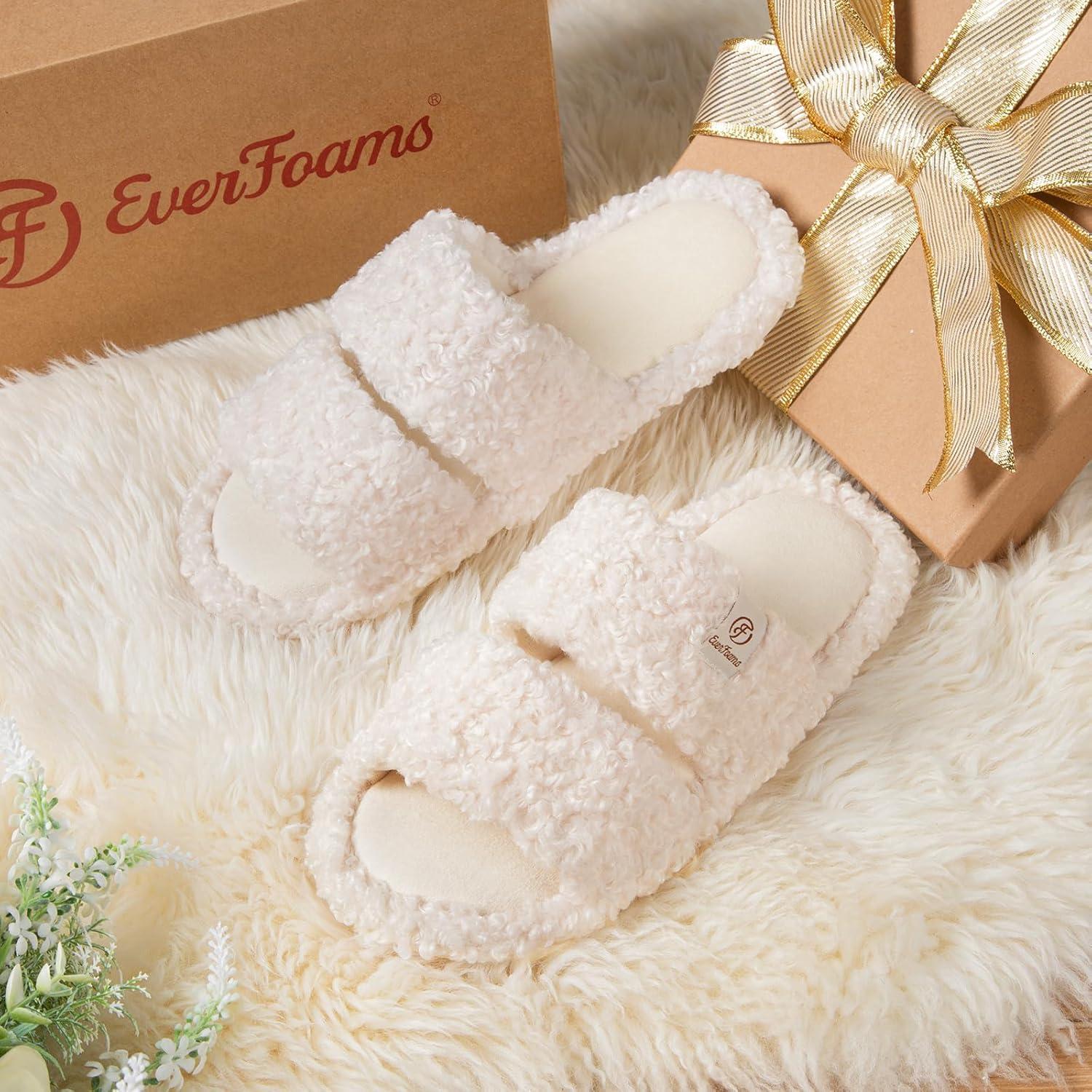 EverFoams Women’s Fuzzy Open Toe Slippers Comfy Soft Memory Foam Indoor House Shoes(Vanilla Ice)