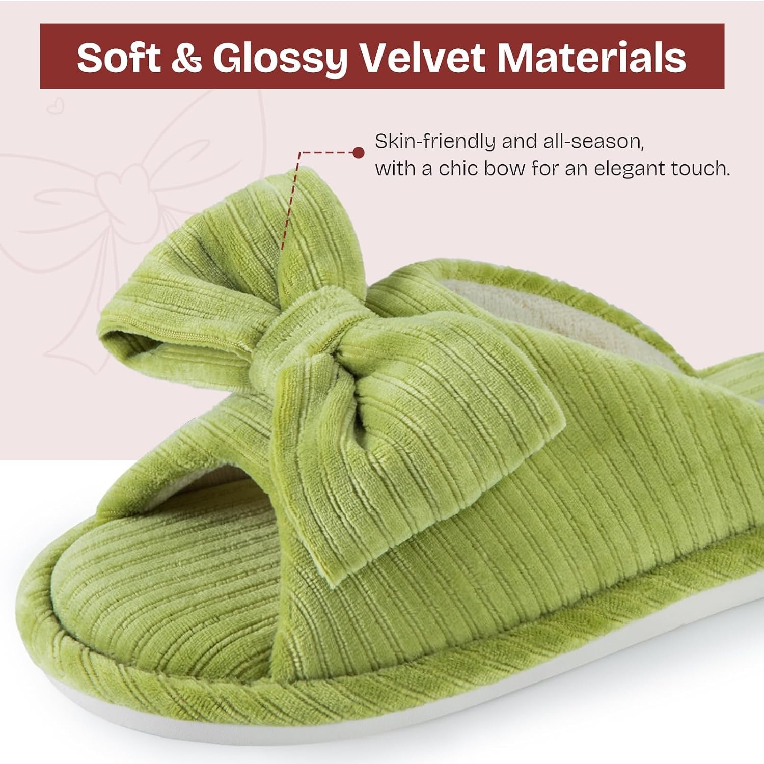 EverFoams Women’s Open-Toe Bow Slippers Memory Foam Non-Slip Indoor | Machine Washable,Bow Decoration,Slip Resistant,Quiet Walking,Floor Friendly,Memory Foam Insole(Green Olive)