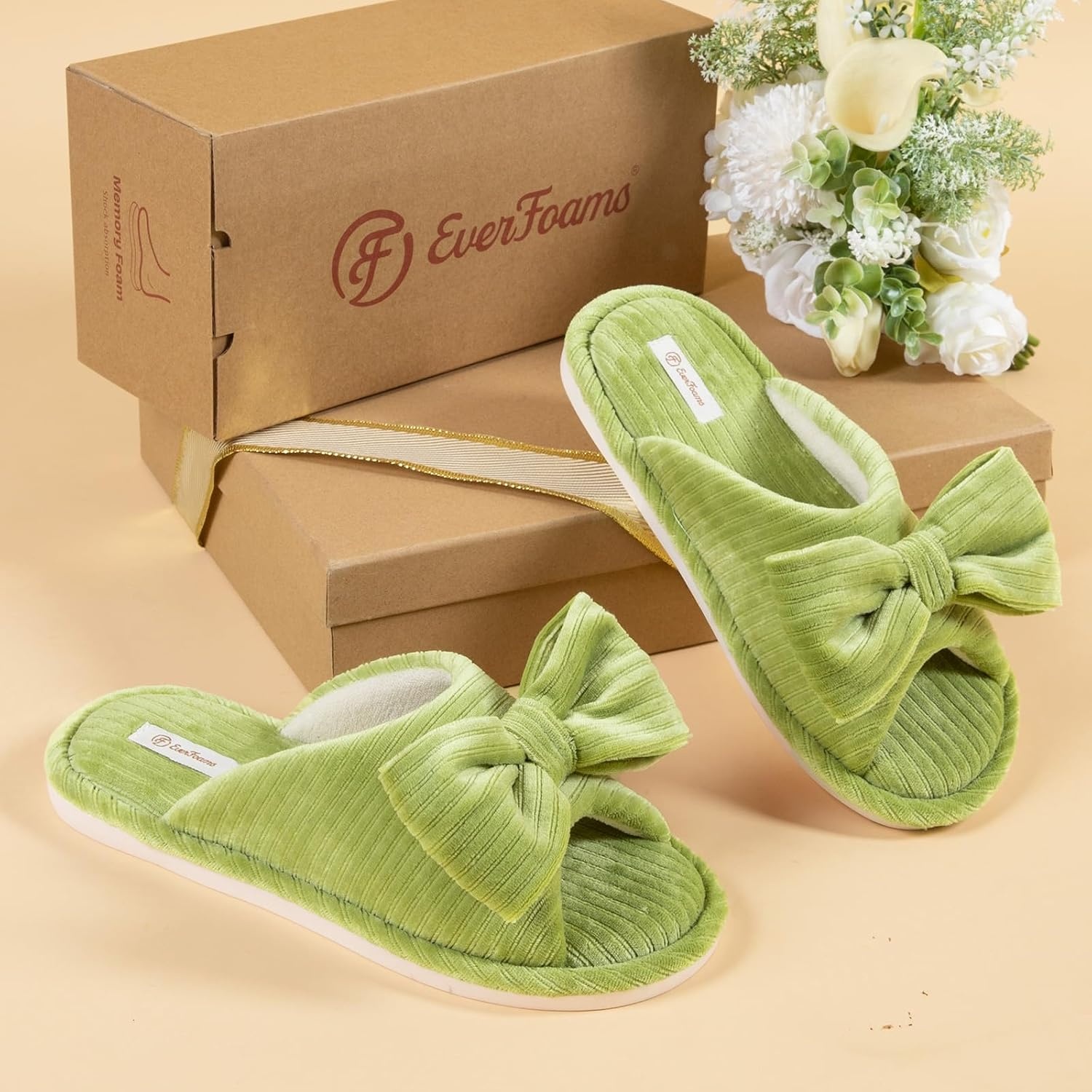 EverFoams Women’s Open-Toe Bow Slippers Memory Foam Non-Slip Indoor | Machine Washable,Bow Decoration,Slip Resistant,Quiet Walking,Floor Friendly,Memory Foam Insole(Green Olive)