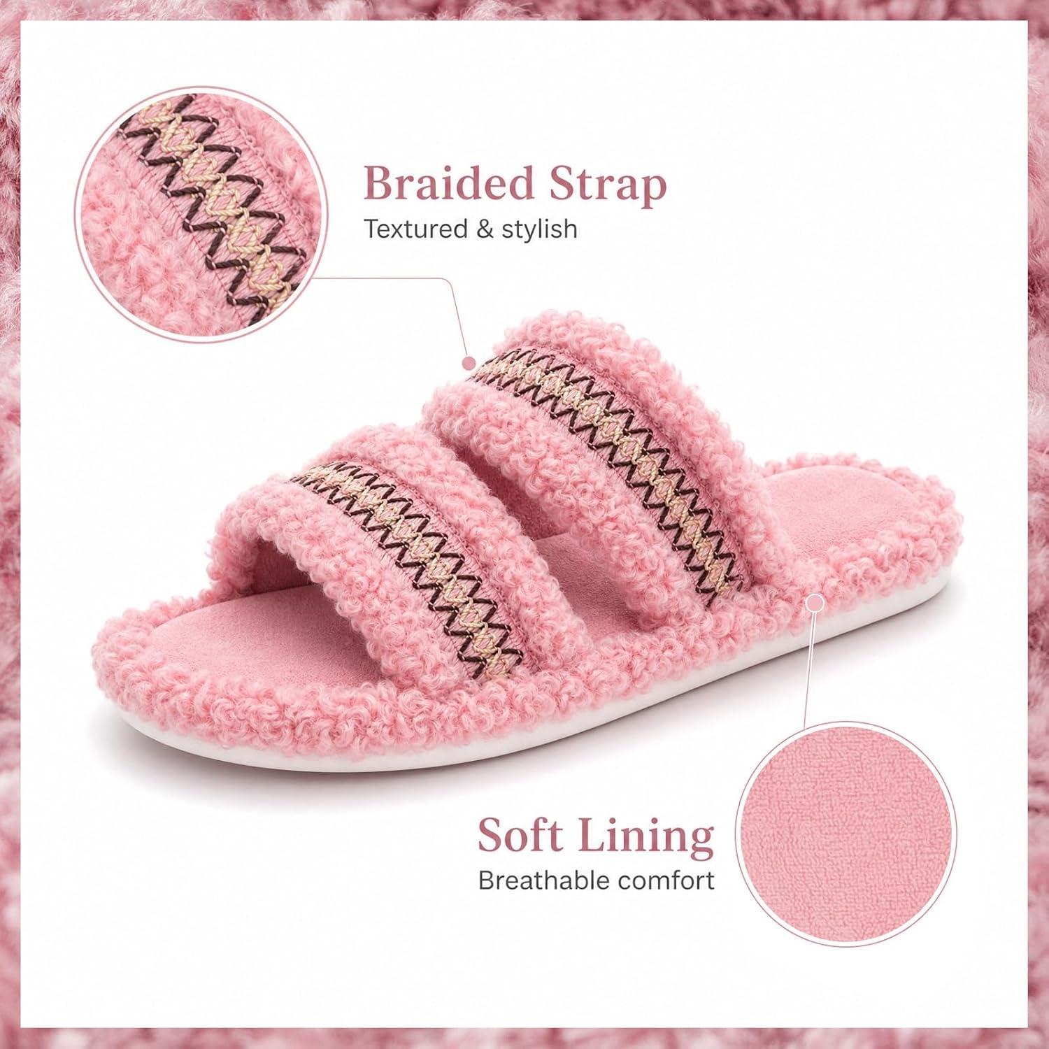 EverFoams Women’s Fuzzy Open Toe Slippers Comfy Soft Memory Foam Indoor House Shoes(Blush Weave)