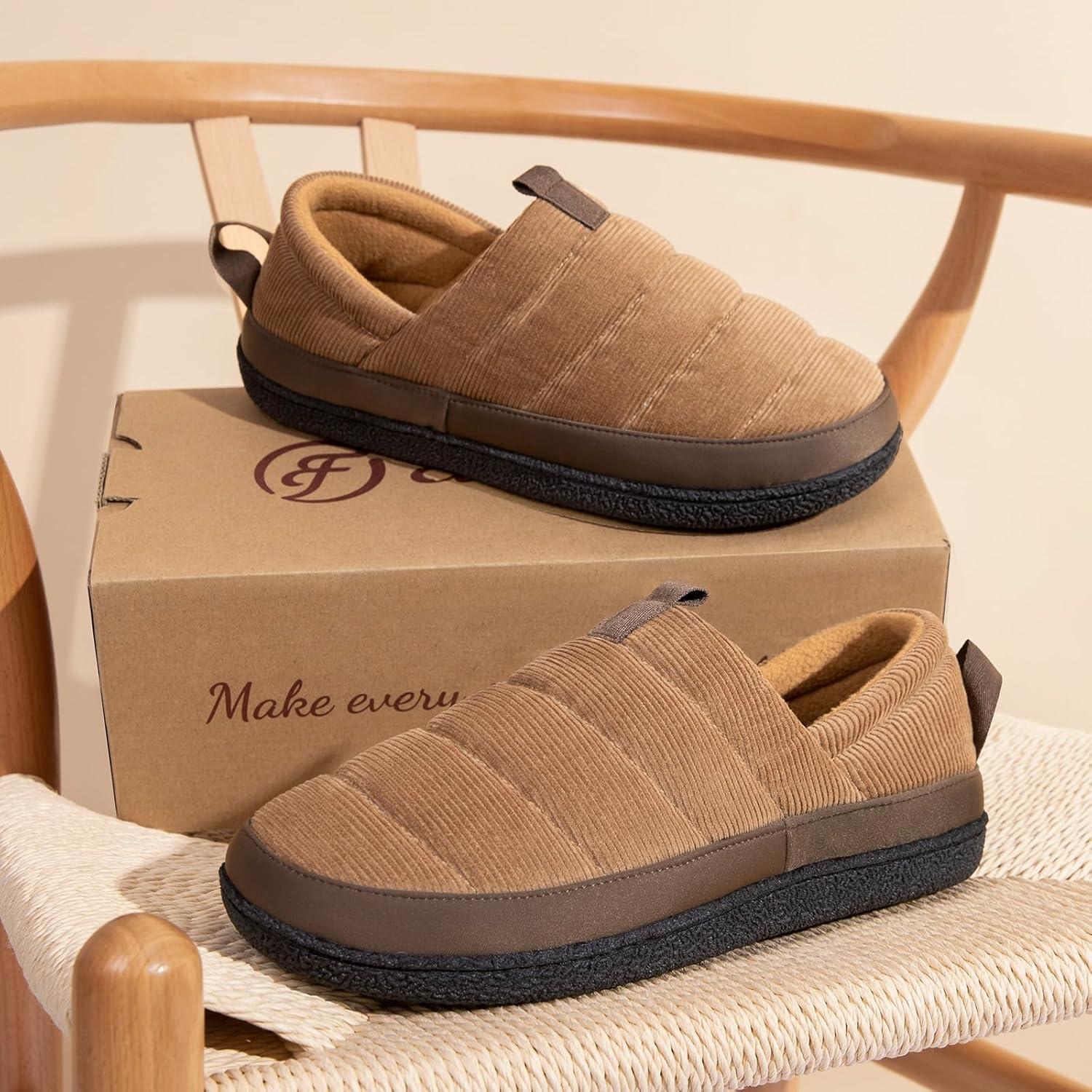 EverFoams Men’s Quilted Slippers Soft Comfy Corduroy Closed-back Indoor Outdoor Memory Foam House Shoes