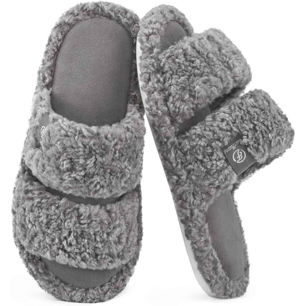 EverFoams Women’s Fuzzy Open Toe Slippers Comfy Soft Memory Foam Indoor House Shoes(Cool Gray)