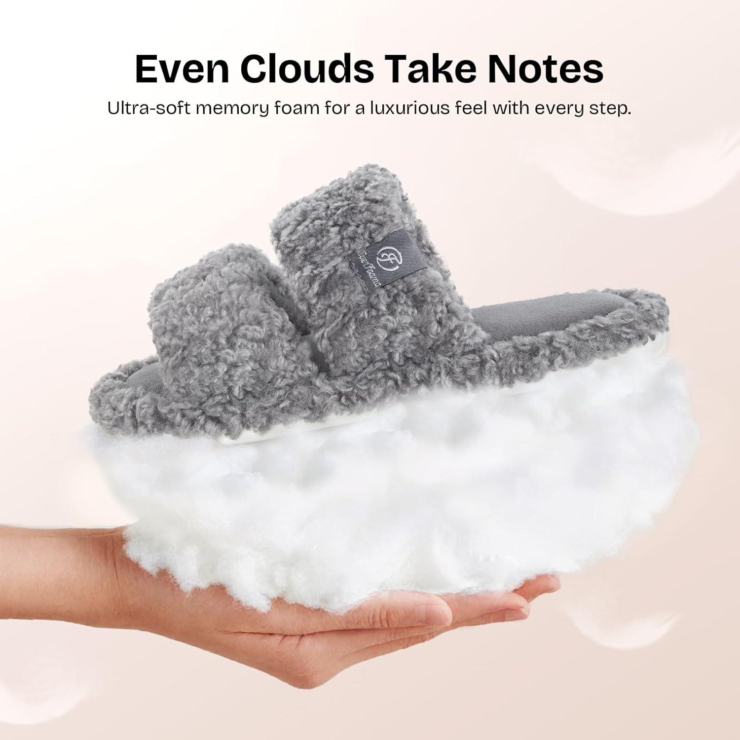 EverFoams Women’s Fuzzy Open Toe Slippers Comfy Soft Memory Foam Indoor House Shoes(Cool Gray)