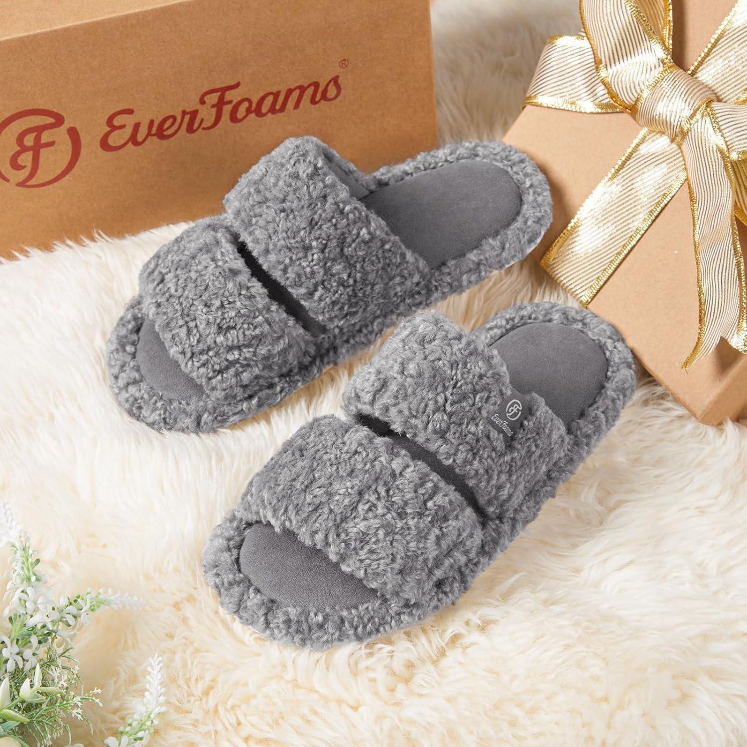 EverFoams Women’s Fuzzy Open Toe Slippers Comfy Soft Memory Foam Indoor House Shoes(Cool Gray)