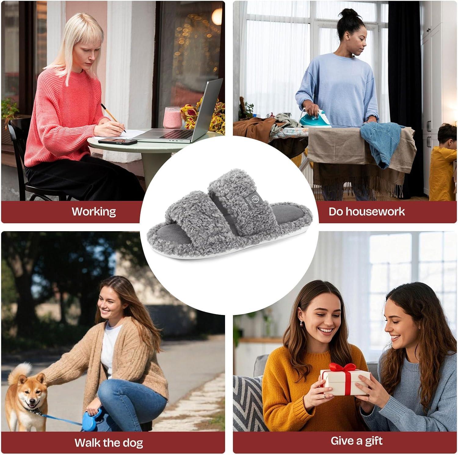 EverFoams Women’s Fuzzy Open Toe Slippers Comfy Soft Memory Foam Indoor House Shoes(Cool Gray)