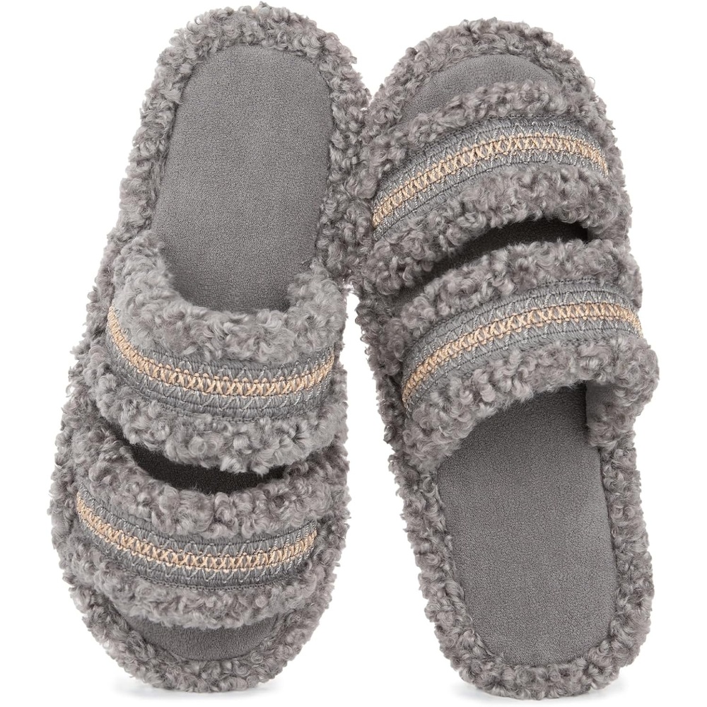 EverFoams Women’s Fuzzy Open Toe Slippers Comfy Soft Memory Foam Indoor House Shoes(Ash Weave)