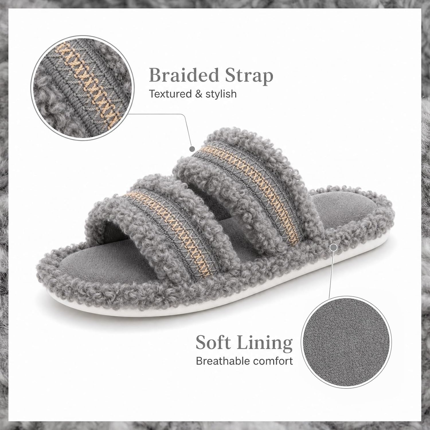 EverFoams Women’s Fuzzy Open Toe Slippers Comfy Soft Memory Foam Indoor House Shoes(Ash Weave)