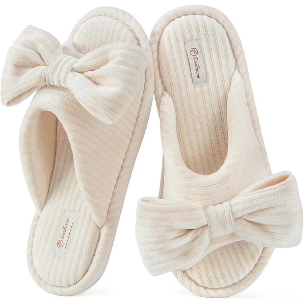 EverFoams Women’s Open-Toe Bow Slippers with Memory Foam Indoor House Non-Slip Sole(Pearl White)