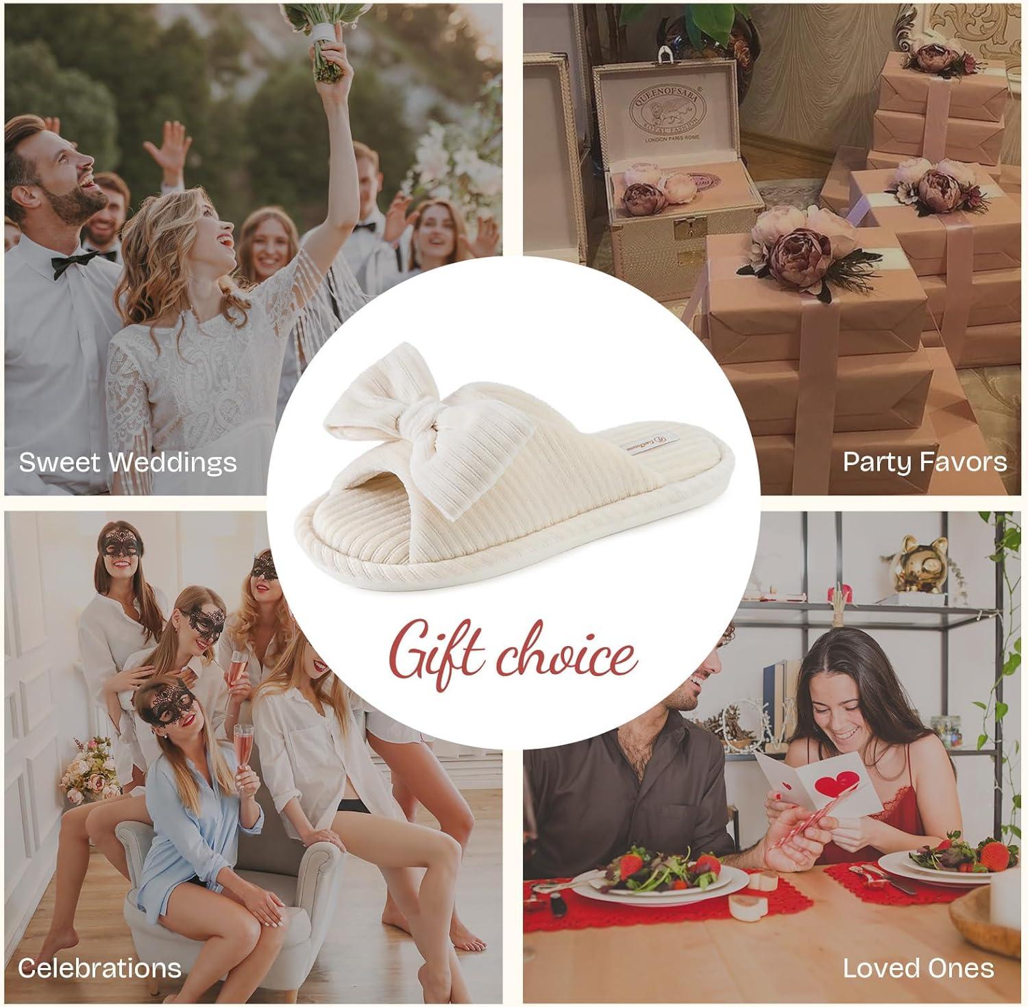EverFoams Women’s Open-Toe Bow Slippers with Memory Foam Indoor House Non-Slip Sole(Pearl White)