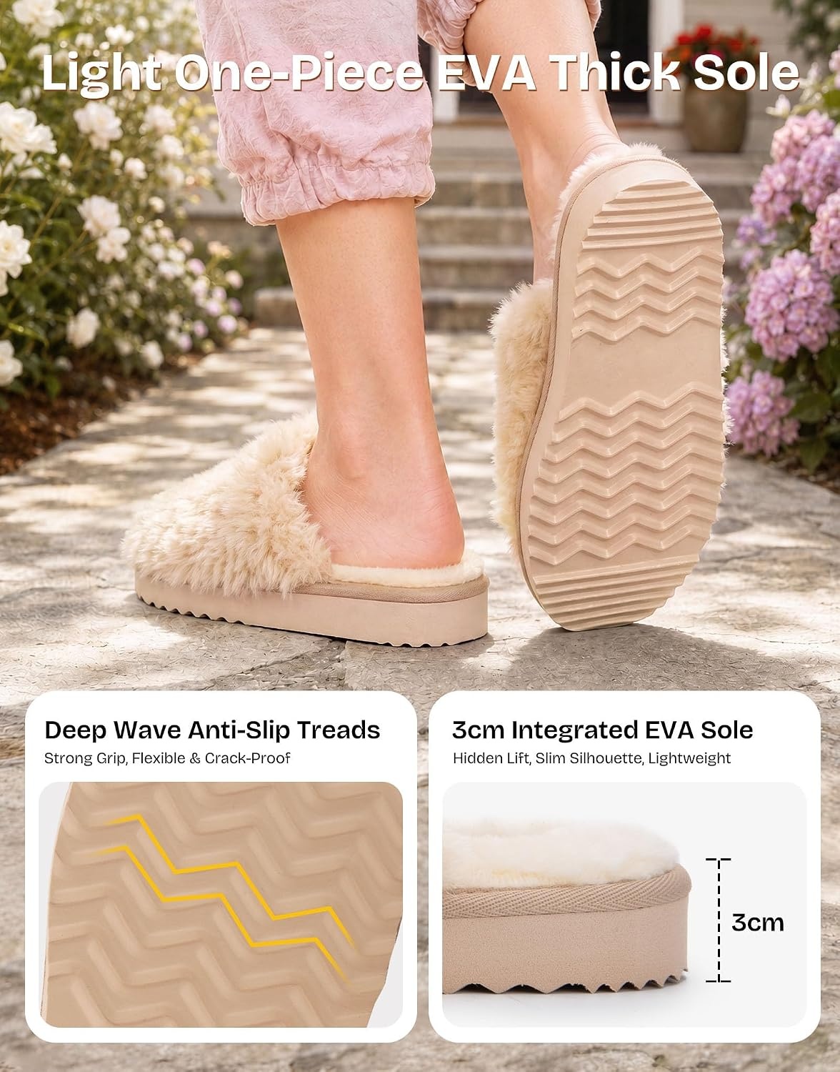 EverFoams Women’s Memory Foam Slippers Faux Fur Scuff Indoor Outdoor(Dune Khaki)