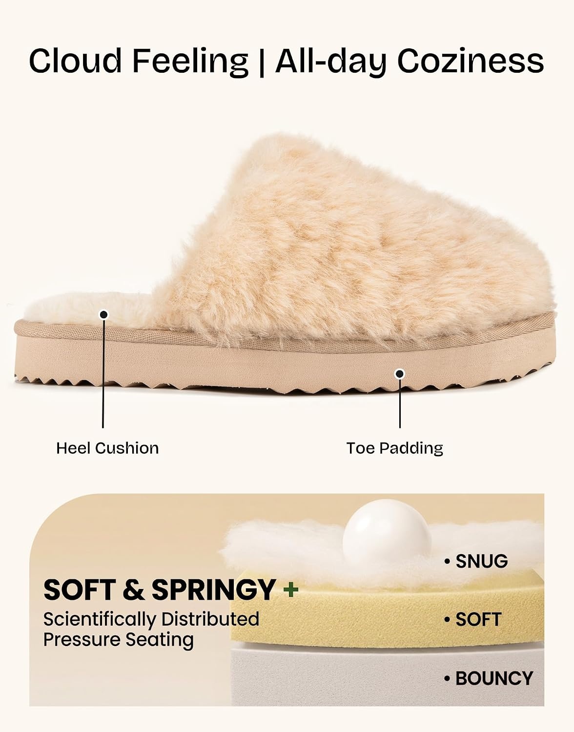 EverFoams Women’s Memory Foam Slippers Faux Fur Scuff Indoor Outdoor(Dune Khaki)