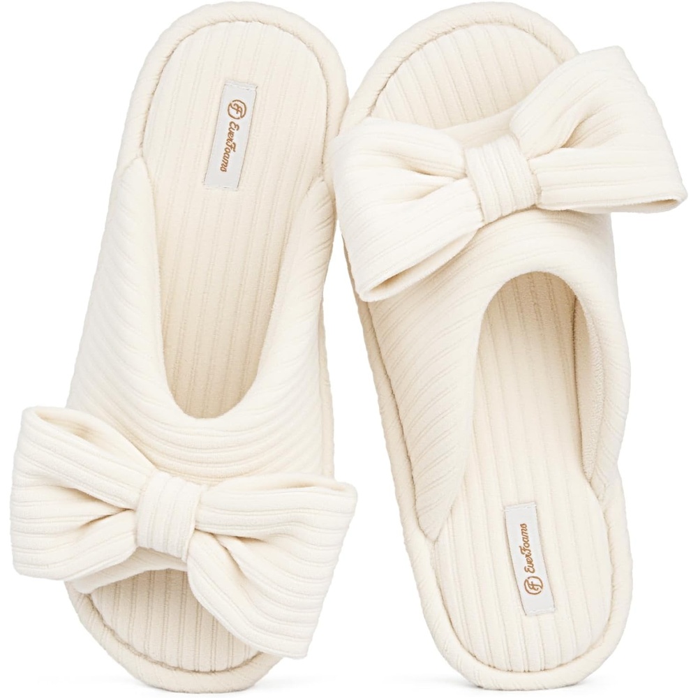EverFoams Women’s Open-Toe Bow Slippers Memory Foam Non-Slip Indoor | Machine Washable,Bow Decoration,Slip Resistant,Quiet Walking,Floor Friendly,Memory Foam Insole(Pearl White)