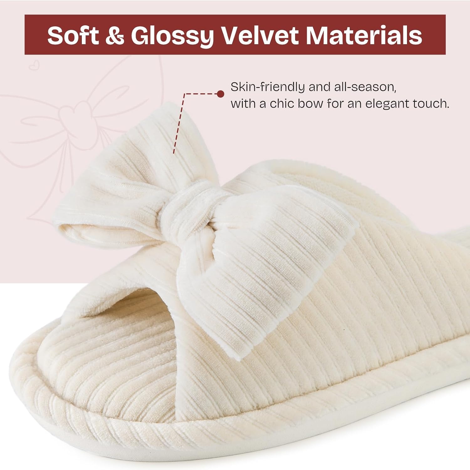 EverFoams Women’s Open-Toe Bow Slippers Memory Foam Non-Slip Indoor | Machine Washable,Bow Decoration,Slip Resistant,Quiet Walking,Floor Friendly,Memory Foam Insole(Pearl White)