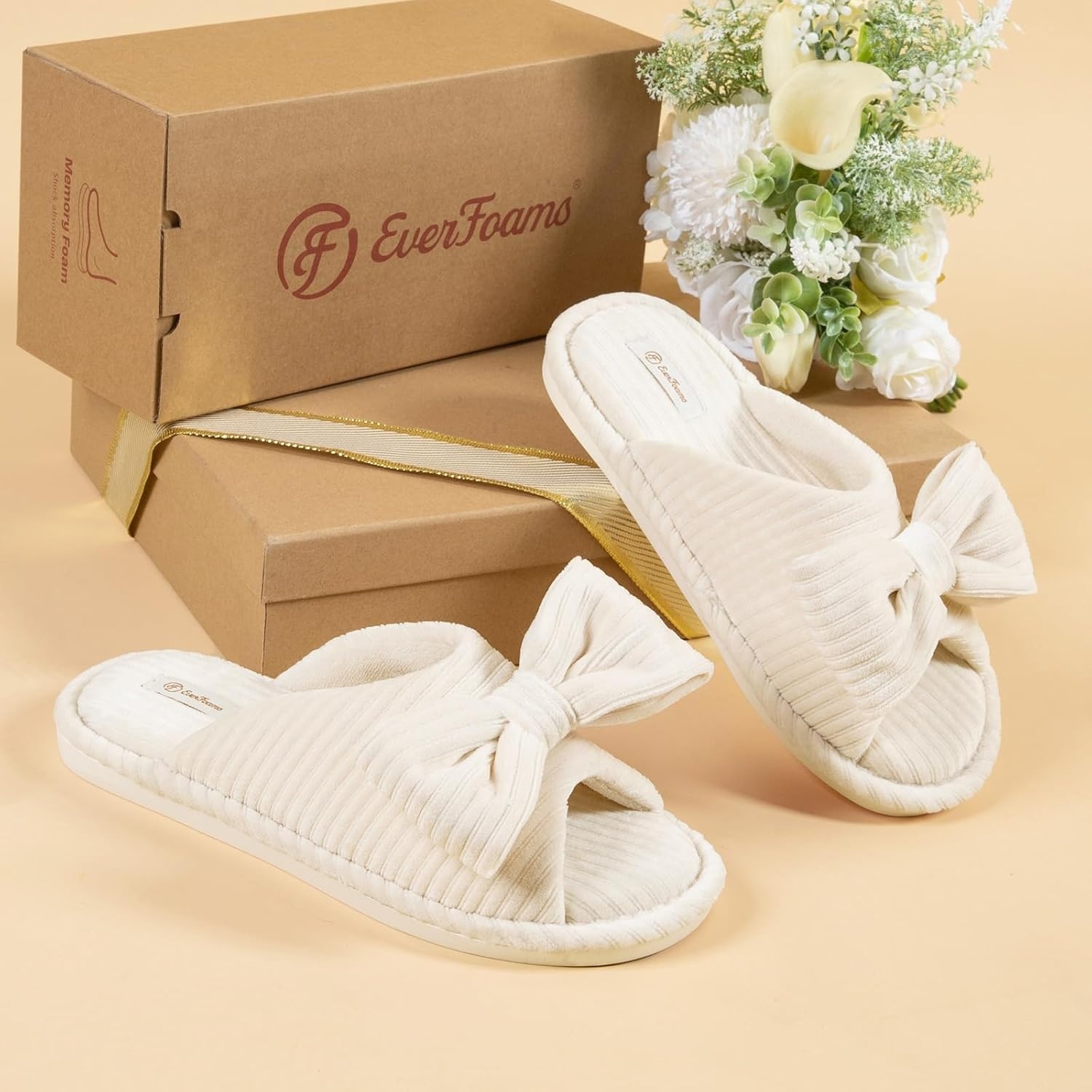 EverFoams Women’s Open-Toe Bow Slippers Memory Foam Non-Slip Indoor | Machine Washable,Bow Decoration,Slip Resistant,Quiet Walking,Floor Friendly,Memory Foam Insole(Pearl White)