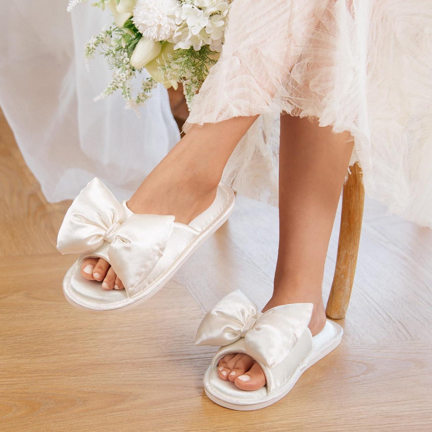 EverFoams Women’s Satin Open-Toe Bow Slippers Memory Foam Indoor Bedroom House Shoes