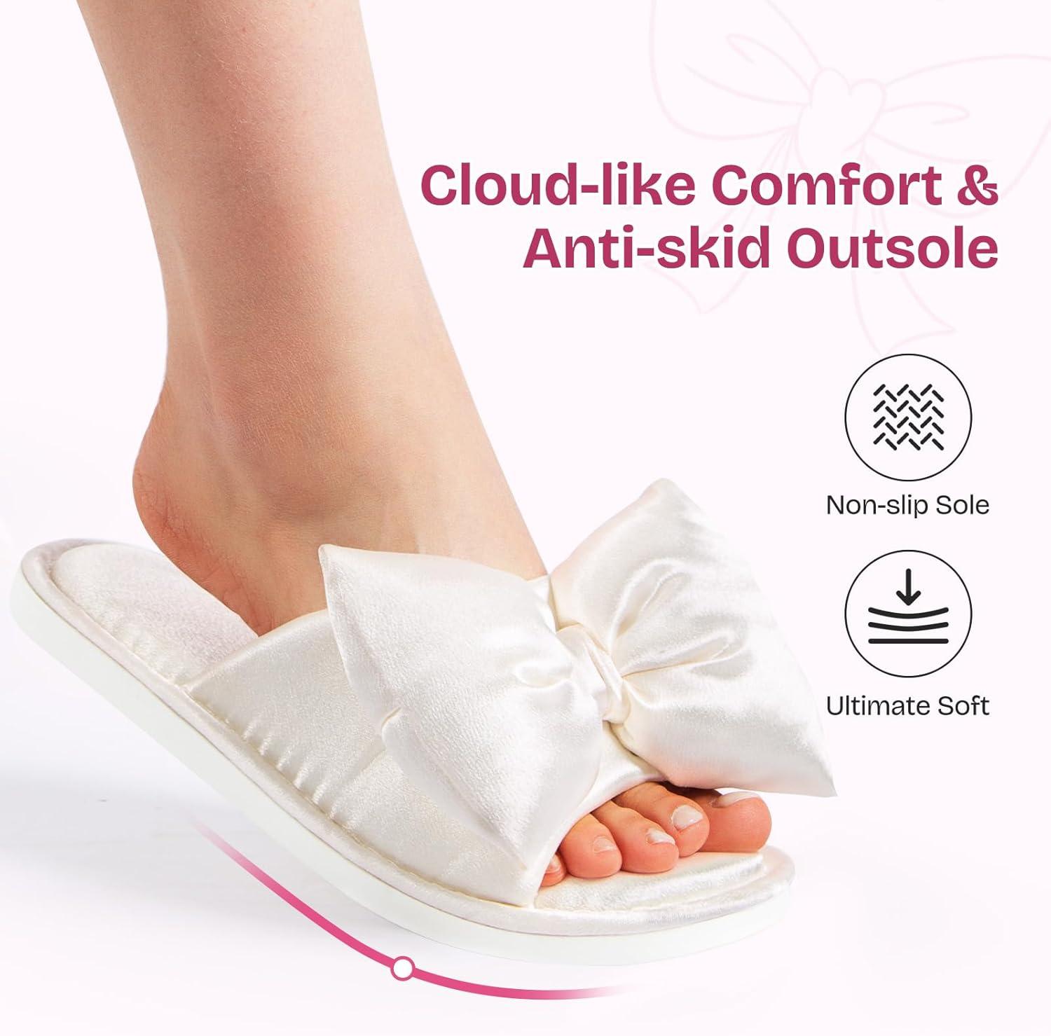 EverFoams Women’s Satin Open-Toe Bow Slippers Memory Foam Indoor Bedroom House Shoes