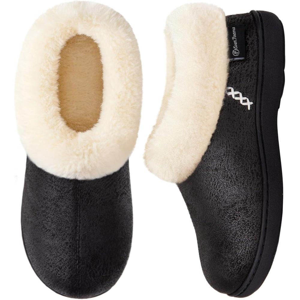 EverFoams Women’s Microsuede Cozy Memory Foam Winter Slippers with Fuzzy Faux Fur Collar and Indoor Outdoor Rubber Sole(Black)