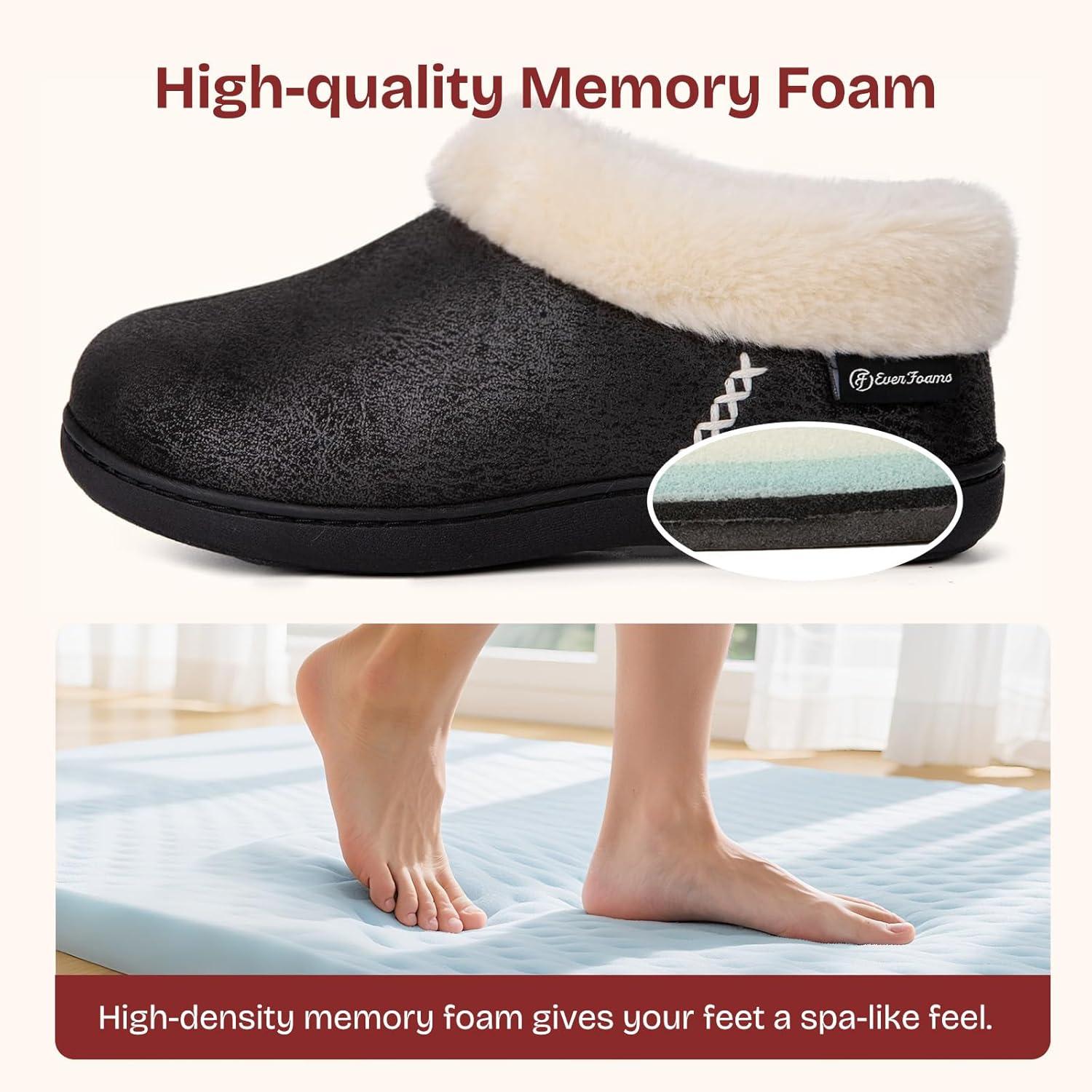 EverFoams Women’s Microsuede Cozy Memory Foam Winter Slippers with Fuzzy Faux Fur Collar and Indoor Outdoor Rubber Sole(Black)