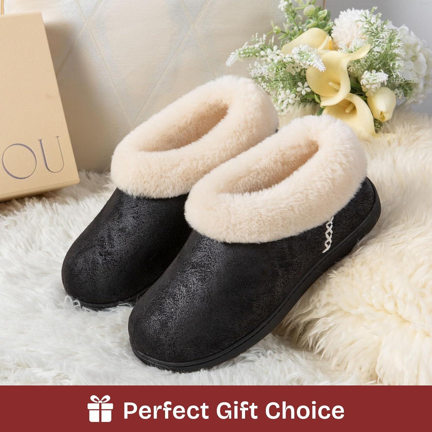EverFoams Women’s Microsuede Cozy Memory Foam Winter Slippers with Fuzzy Faux Fur Collar and Indoor Outdoor Rubber Sole(Black)