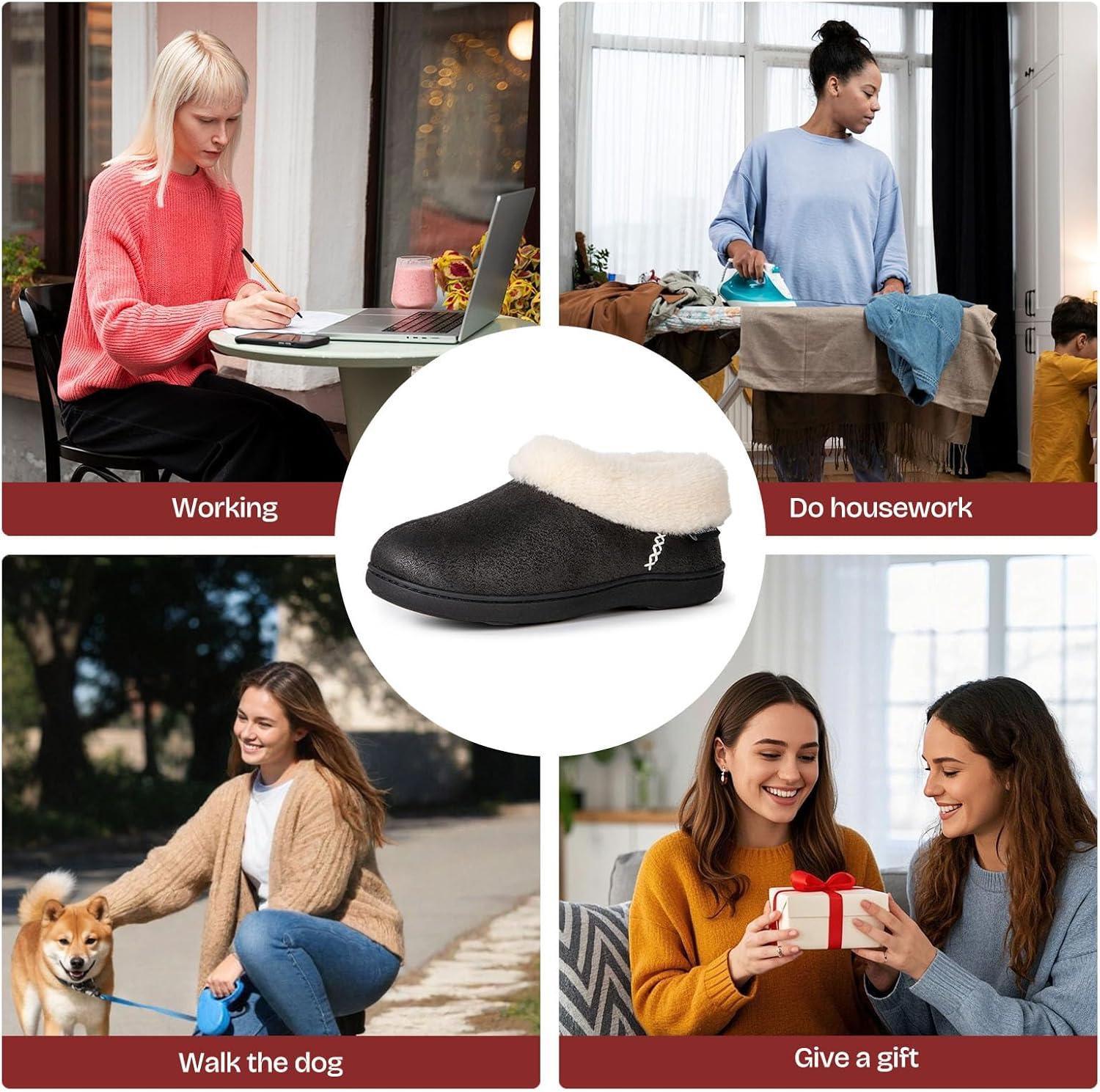 EverFoams Women’s Microsuede Cozy Memory Foam Winter Slippers with Fuzzy Faux Fur Collar and Indoor Outdoor Rubber Sole(Black)