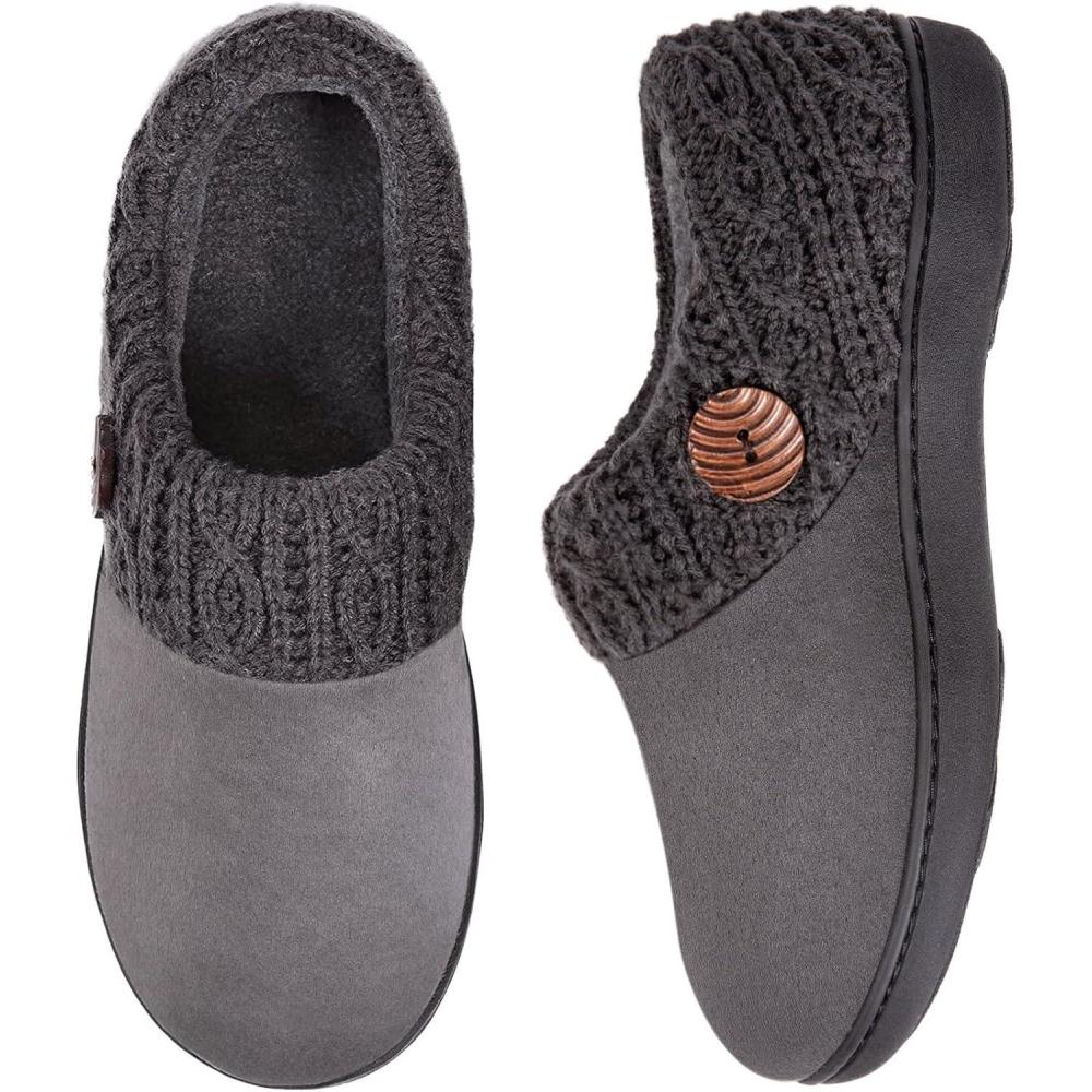 EverFoams Women’s Microsuede Slippers Warm Comfy Memory Foam Indoor House Shoes with Knit Collar(Light Gray)