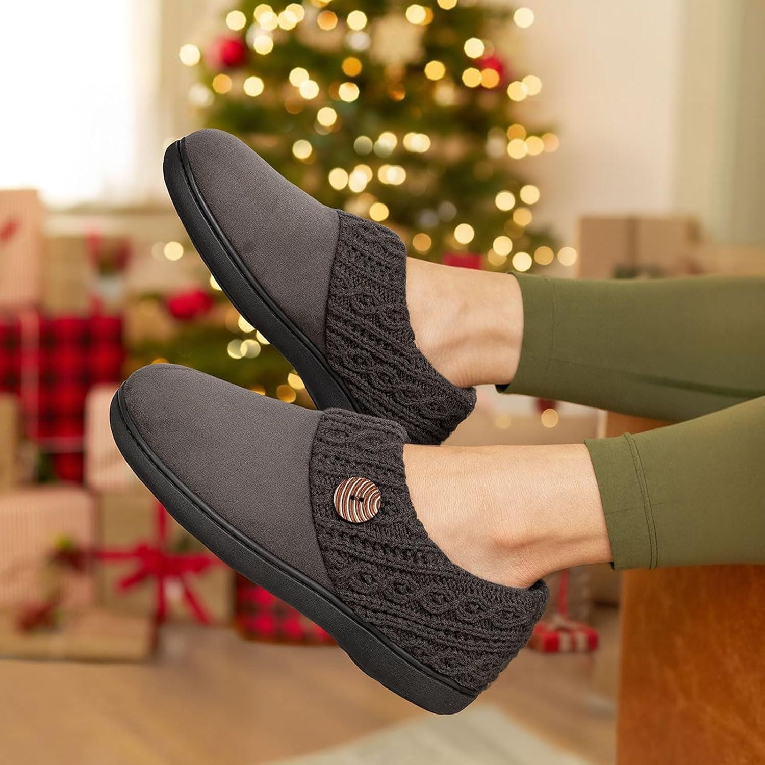 EverFoams Women’s Microsuede Slippers Warm Comfy Memory Foam Indoor House Shoes with Knit Collar(Light Gray)