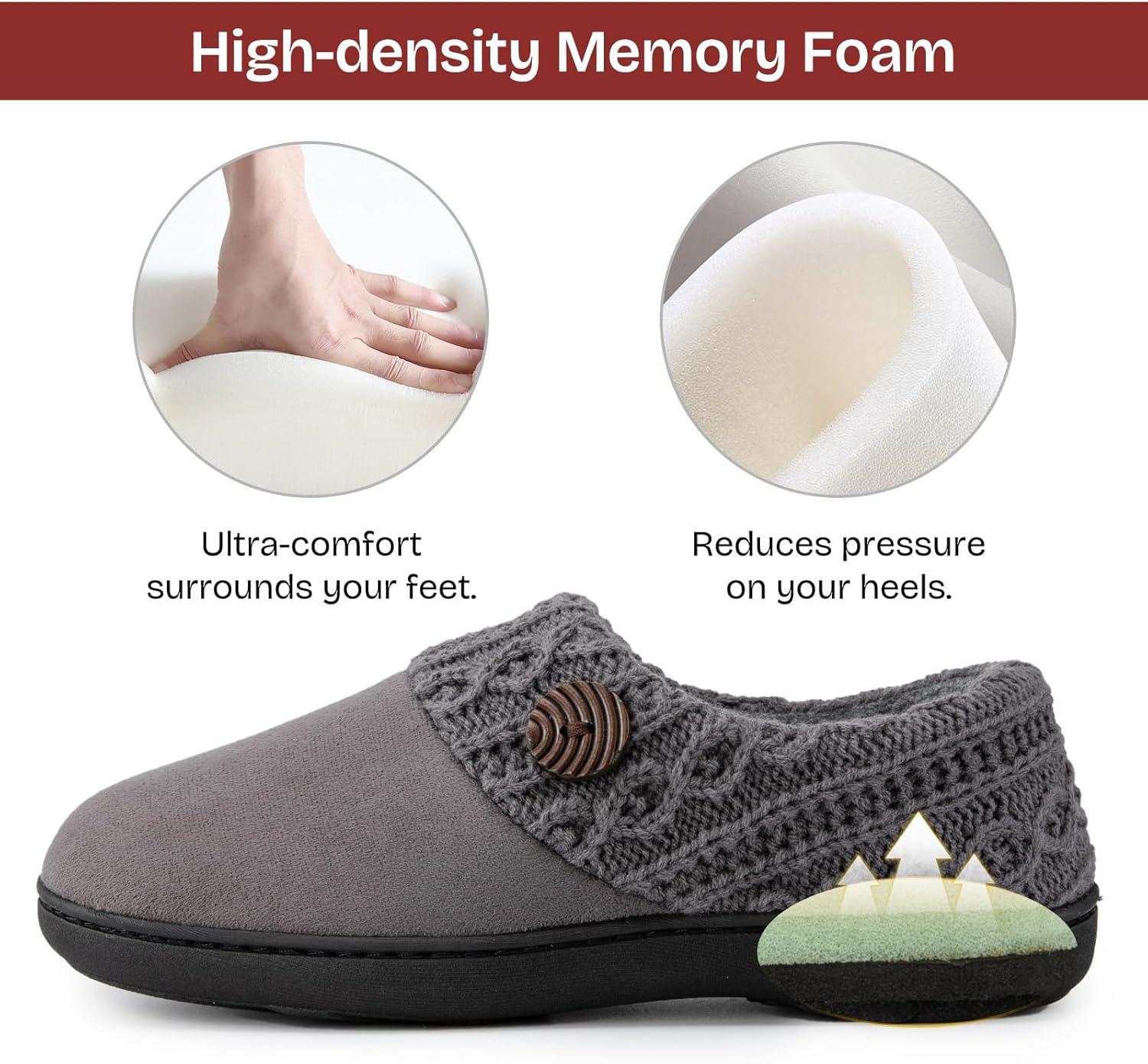 EverFoams Women’s Microsuede Slippers Warm Comfy Memory Foam Indoor House Shoes with Knit Collar(Light Gray)