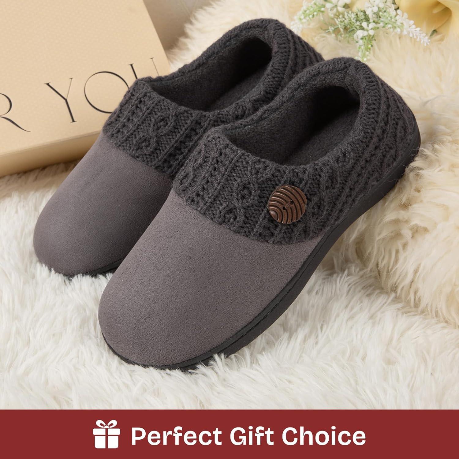 EverFoams Women’s Microsuede Slippers Warm Comfy Memory Foam Indoor House Shoes with Knit Collar(Light Gray)